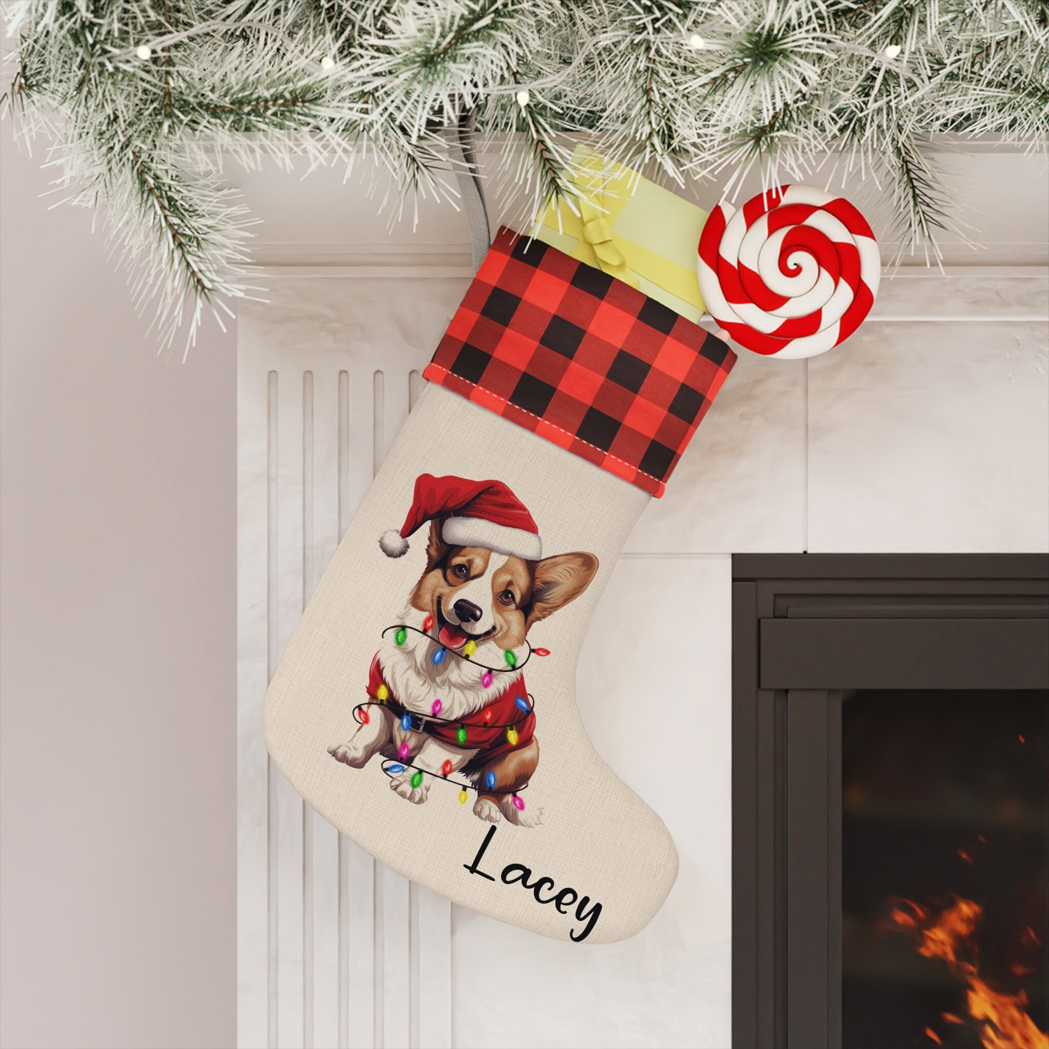 Calza di Natale Corgi, Calza di Natale per cani, Calza per cani, Calza per cuccioli, Calza a quadri Corgi, Calza Corgi