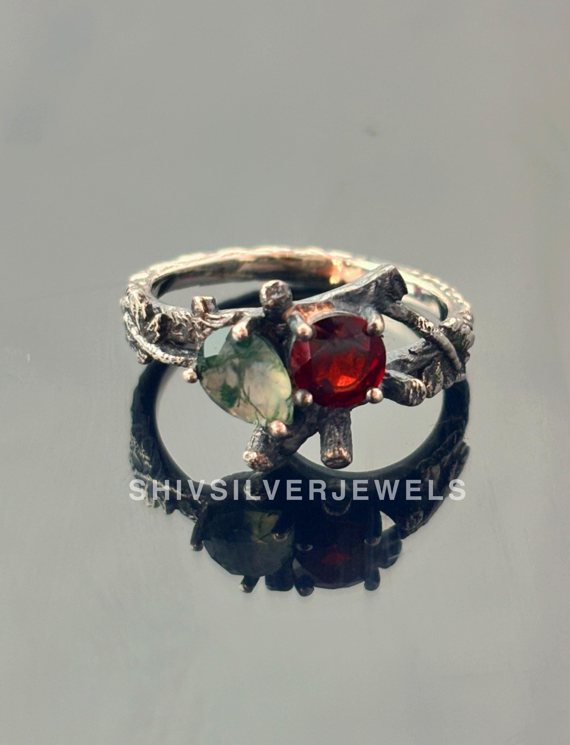 Anello con ramo d'albero in agata muschiata naturale e granato, anello celeste ispirato alla natura, anello in argento sterling 925, anello delicato c