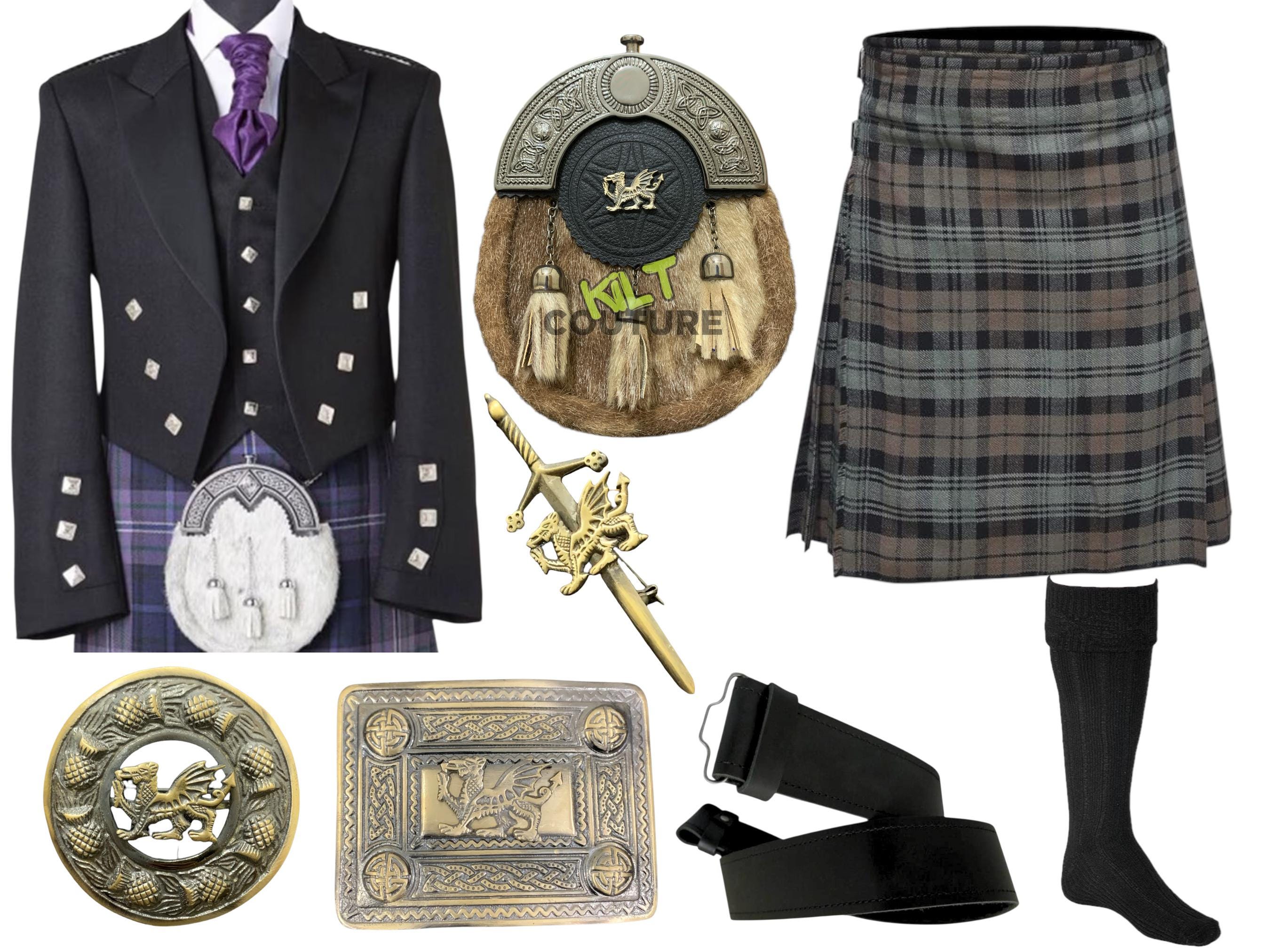 Completo kilt scozzese da uomo composto da 9 pezzi / Completo kilt da sposa con giacca Prince Charlie / Completo kilt con drago gallese antico disponi