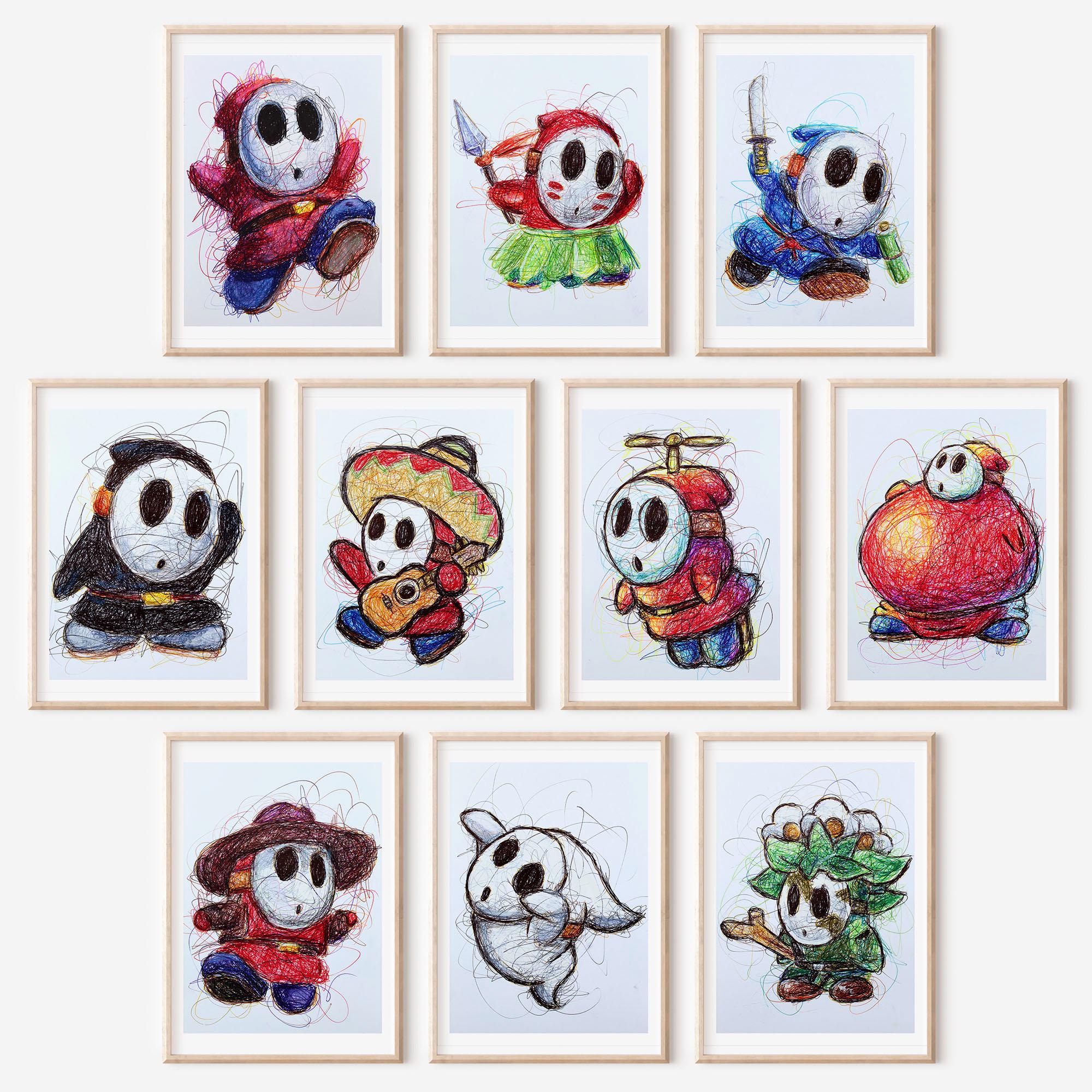Set completo di stampe con penna a sfera Shy Guy, opere d'arte di Super Mario World, stampe artistiche Nintendo, arte dei videogiochi, decorazioni per