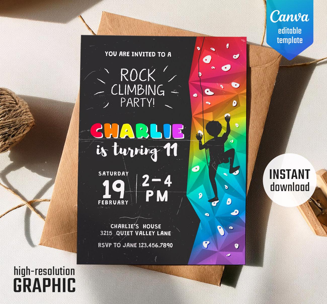 Invito di compleanno per arrampicata su roccia, invito stampabile, invito per arrampicata su roccia, invito per arrampicata su roccia modificabile con