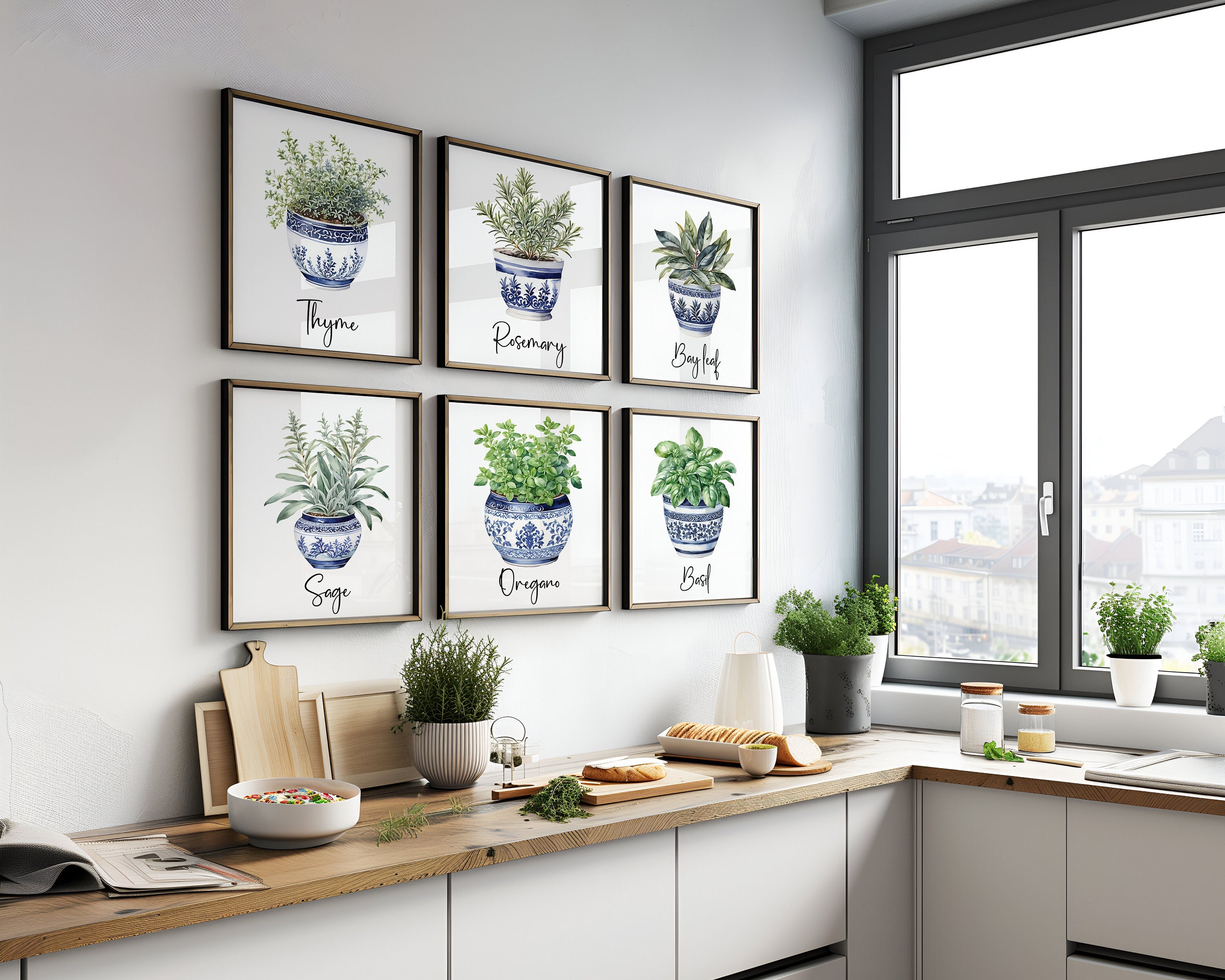 Acquerello Erbe Chinoserie Vaso Wall Art Set di 3 4 6 o 12 Poster di erbe in vaso, Stampa artistica da cucina Erba in vaso Set di tre, SPEDIZIONE GRAT