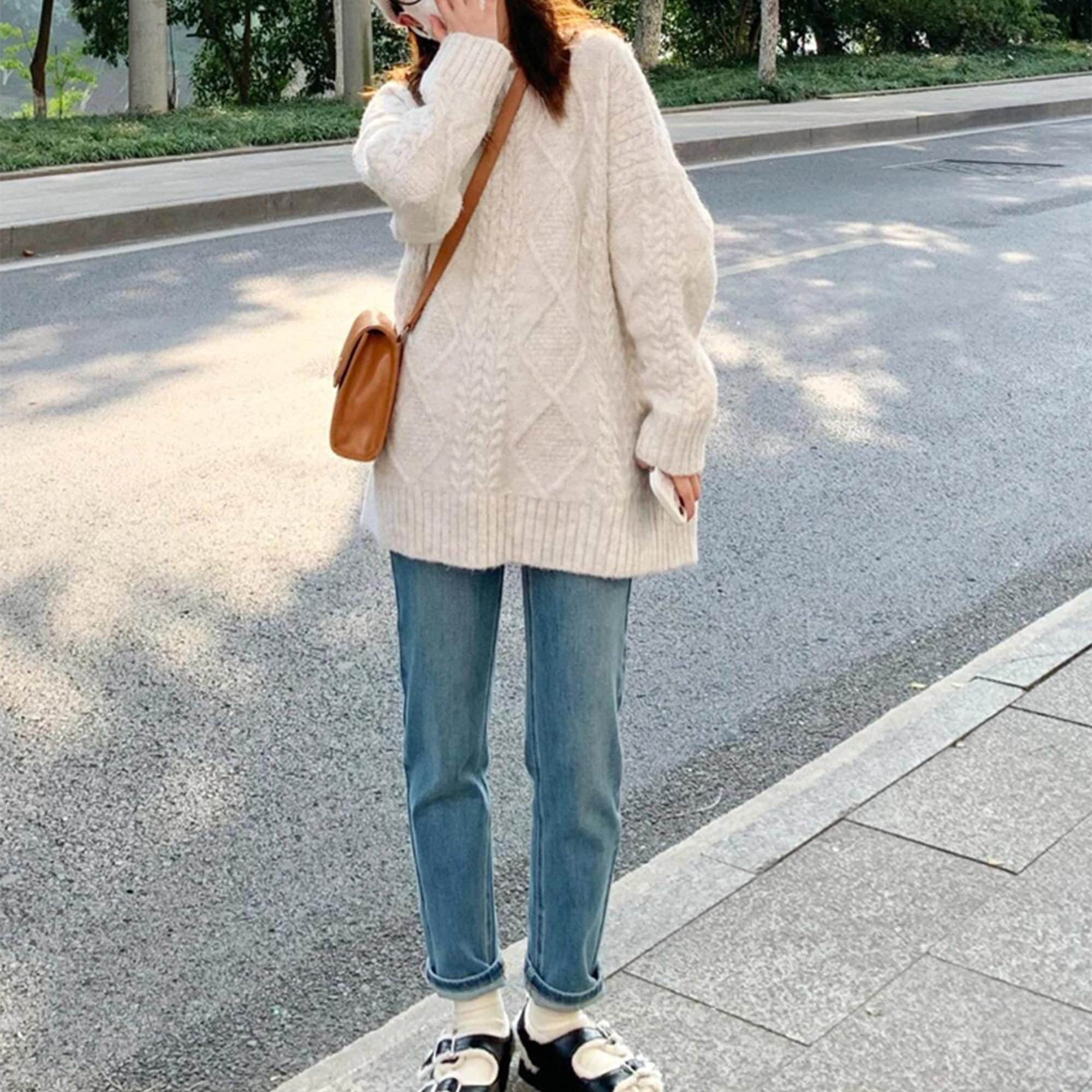 Maglione retrò in mohair intrecciato, comodo maglione oversize per autunno e inverno, un elegante pullover bianco da donna, abbigliamento da donna, ma