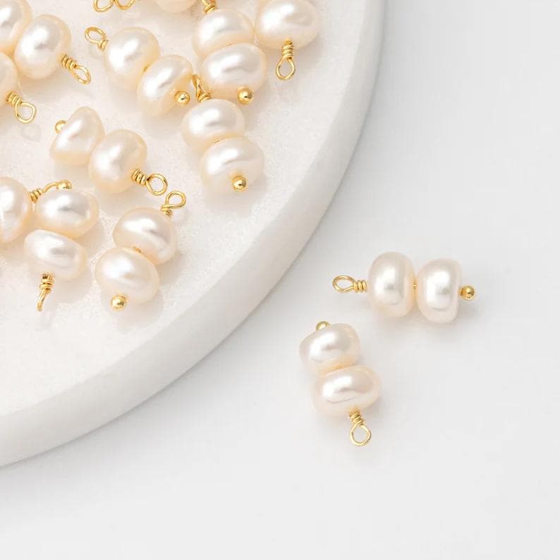 1 pezzo - Ciondoli con perle d'acqua dolce piatte, pendenti a forma di palla piatta, ciondolo per collana di piccole perle, placcato oro 14 carati [P1