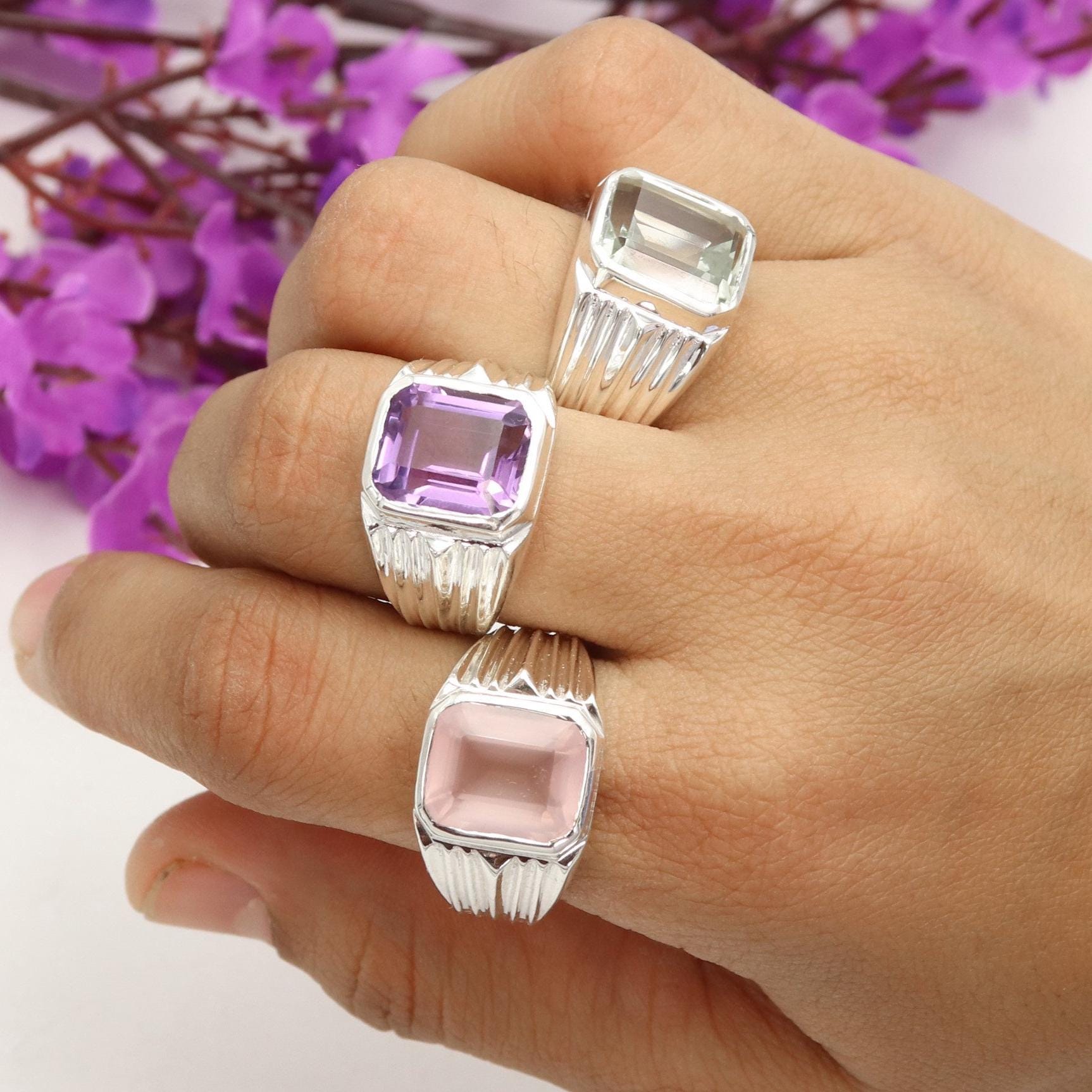 Anello con quarzo rosa, anello in argento sterling 925, anello da uomo, anello di tendenza, anello da uomo con quarzo rosa, anello di tendenza, anello