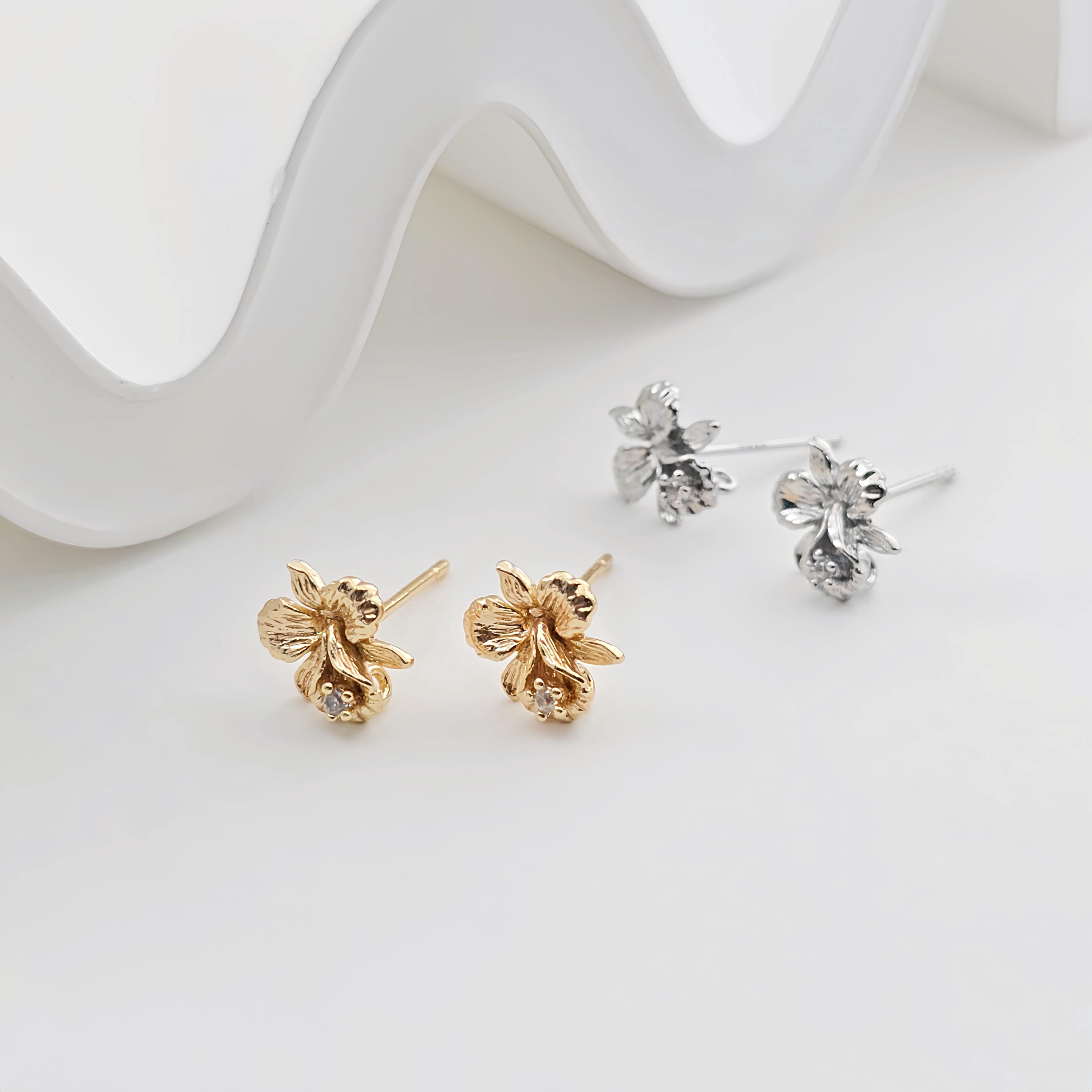 Perno per orecchini a forma di fiore, orecchino a perno in ottone placcato oro 18K con passante, pavé di zirconi cubici, senza nichel, orecchini ZX293