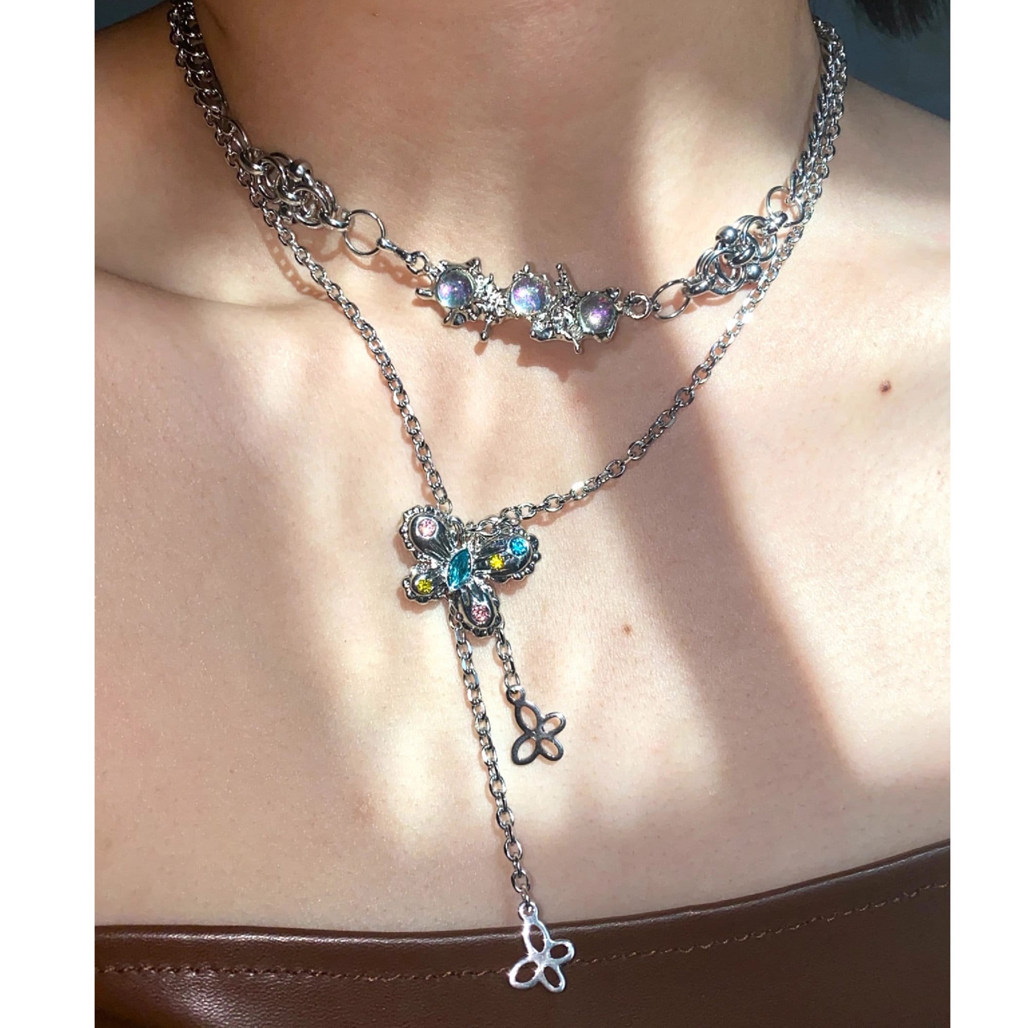 Collana gotica a farfalla Y2K/Catena grunge a strati in argento/Collana gotica in argento/Gioielli gotici/Regalo Y2K/Collana lunga punk/CyberPunk/Rega