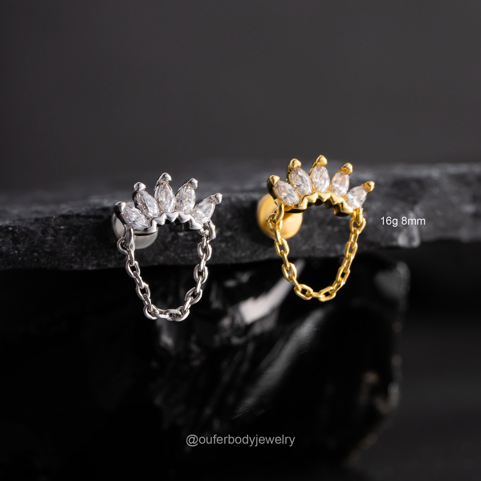 Piercing per cartilagine a corona pendente in argento e oro 16G/piercing per cartilagine con filettatura interna/orecchino per cartilagine/piercing pe