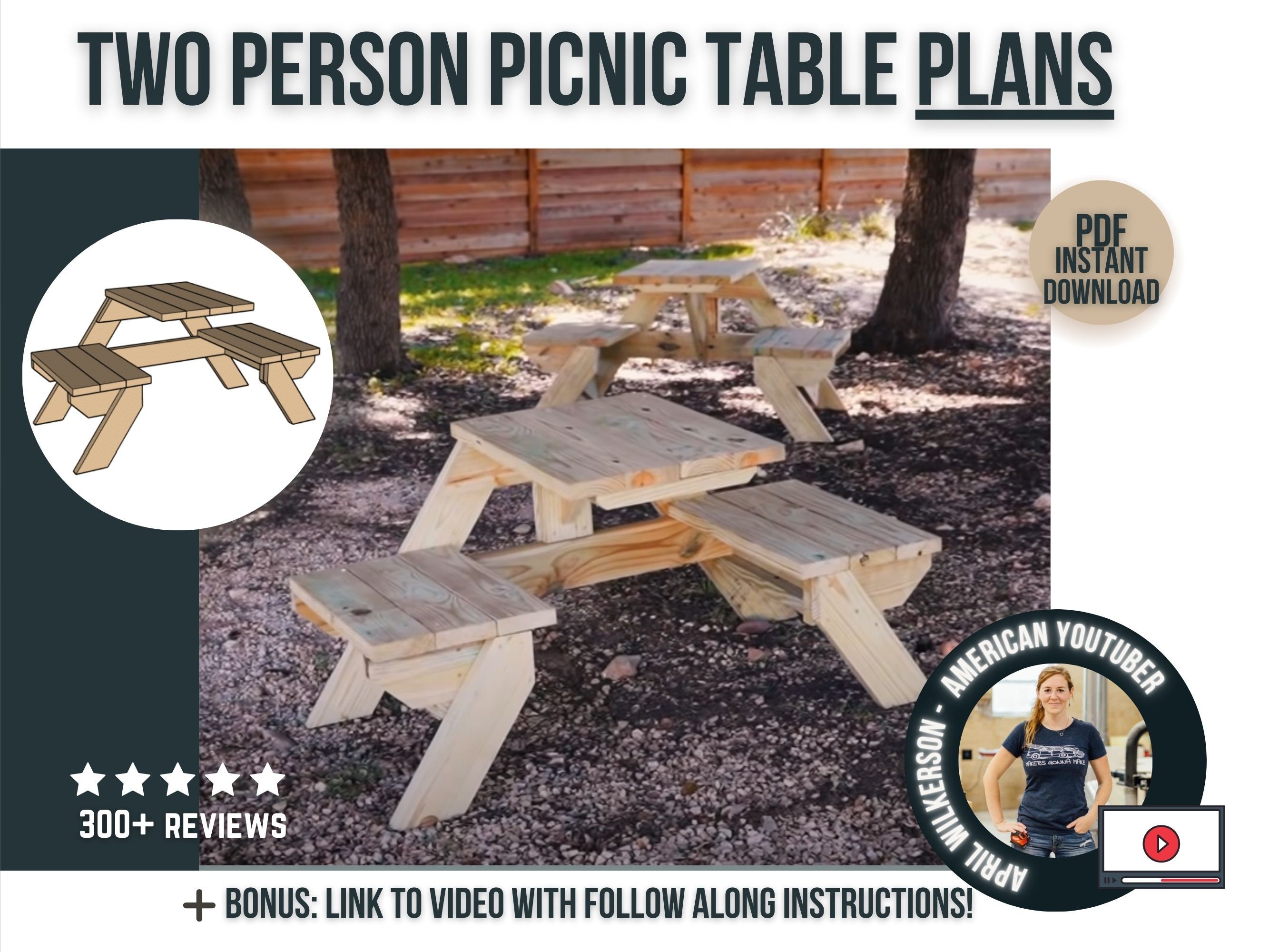 Piani per tavoli da picnic fai-da-te per due persone / Piani digitali per mobili per la lavorazione del legno fai-da-te / Piani per tavoli da picnic i