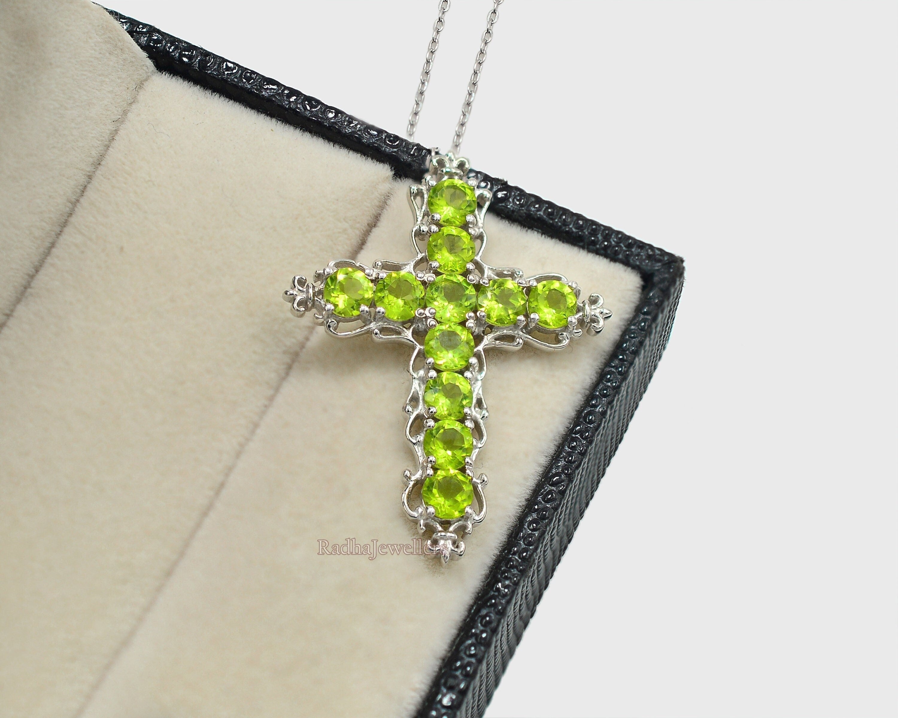 Collana con ciondolo in peridoto naturale, argento sterling 925, ciondolo a forma di croce, pietra portafortuna di agosto, ciondolo con ciondolo, cion