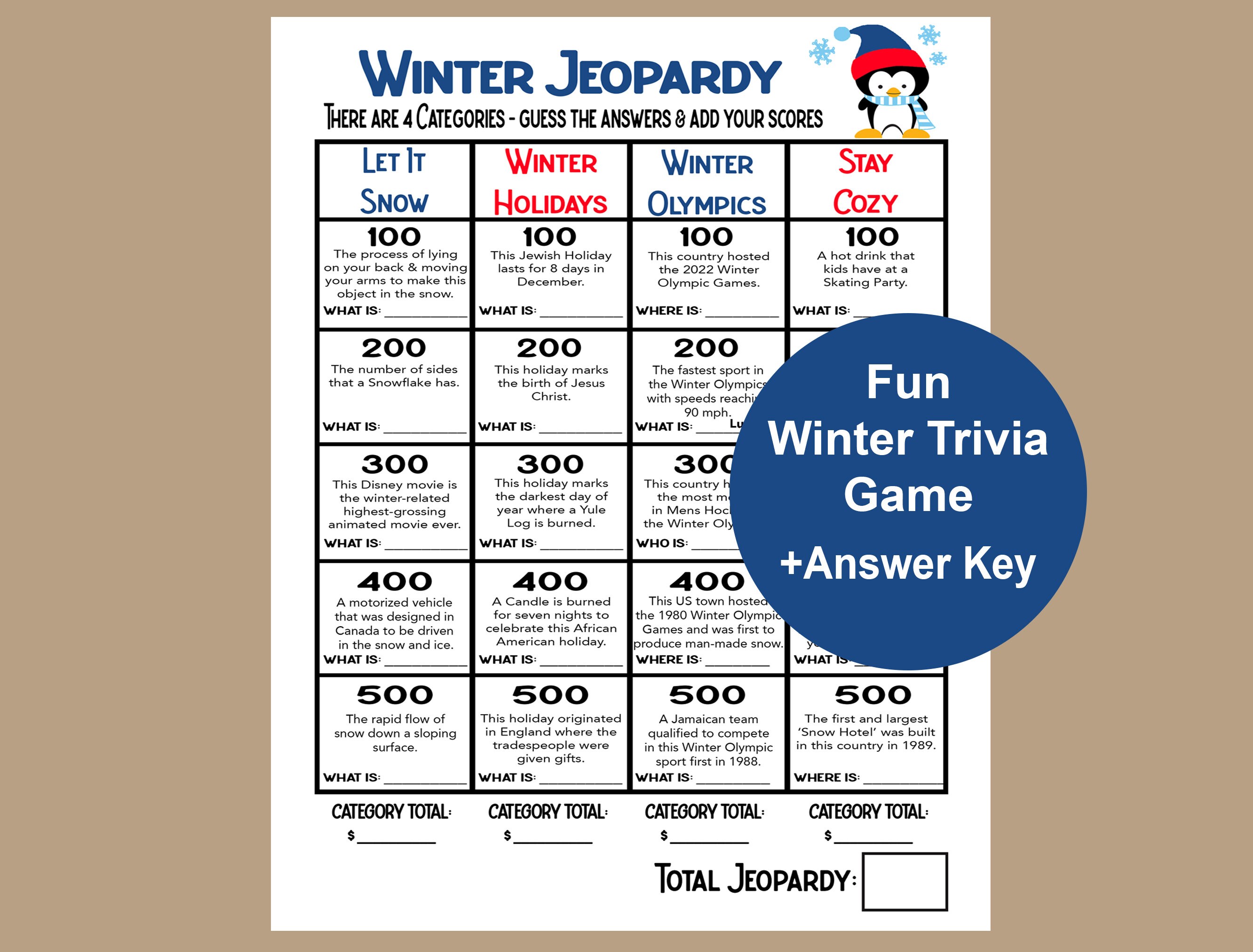 Gioco invernale a quiz, Jeopardy invernale, Gioco invernale per anziani, Gioco invernale per la scuola, Rompighiaccio invernale, Attività invernale di