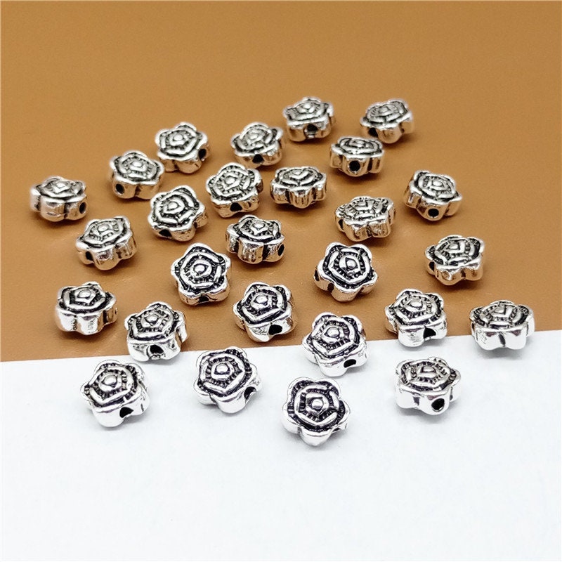5 perline a forma di rosa in argento sterling a doppia faccia, perline a forma di rosa in argento sterling 925, perline a forma di rosa in argento 925