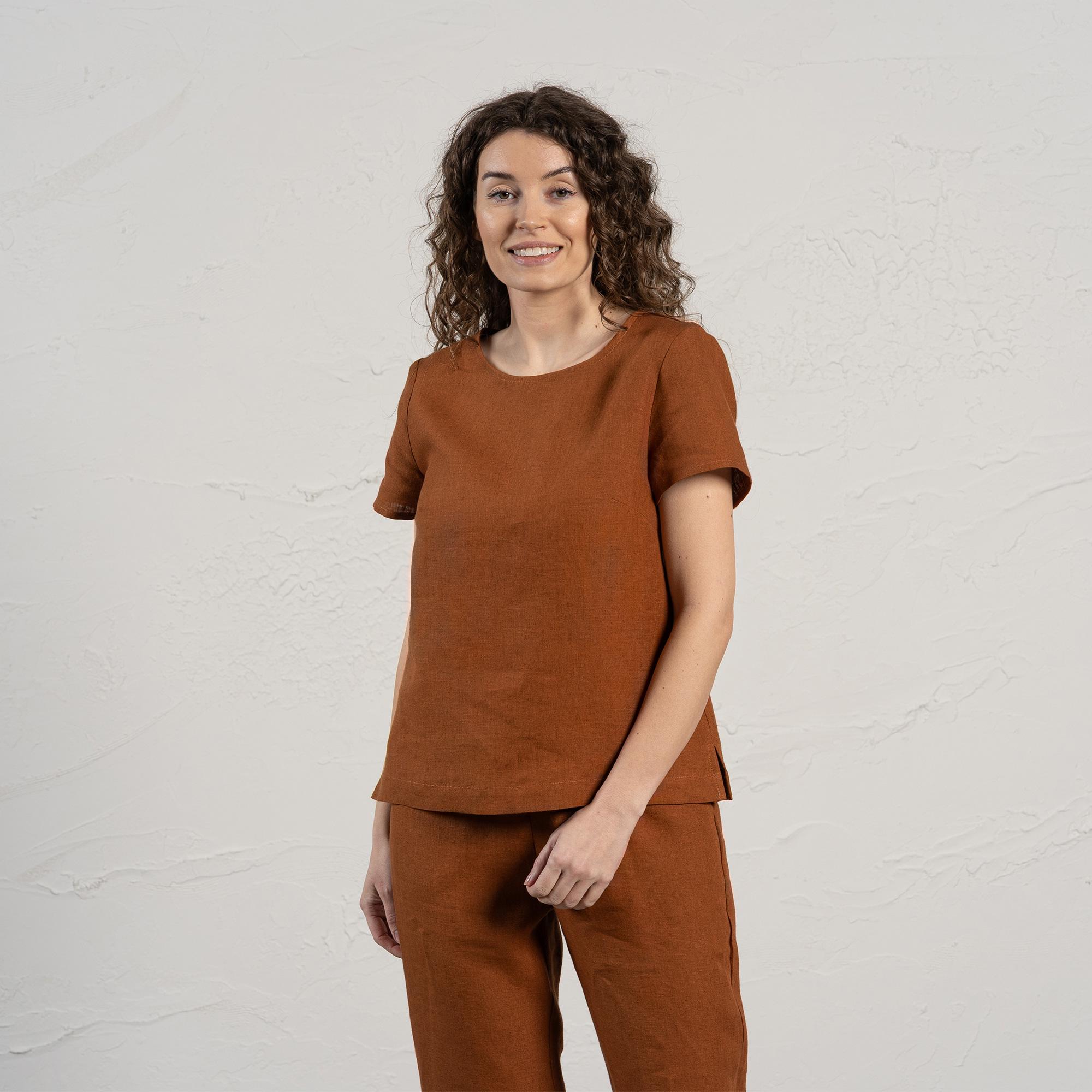 Top marrone da donna in lino, top in lino a maniche corte, top estivo, camicetta in lino, abbigliamento in lino per donna, camicia estiva, camicia da