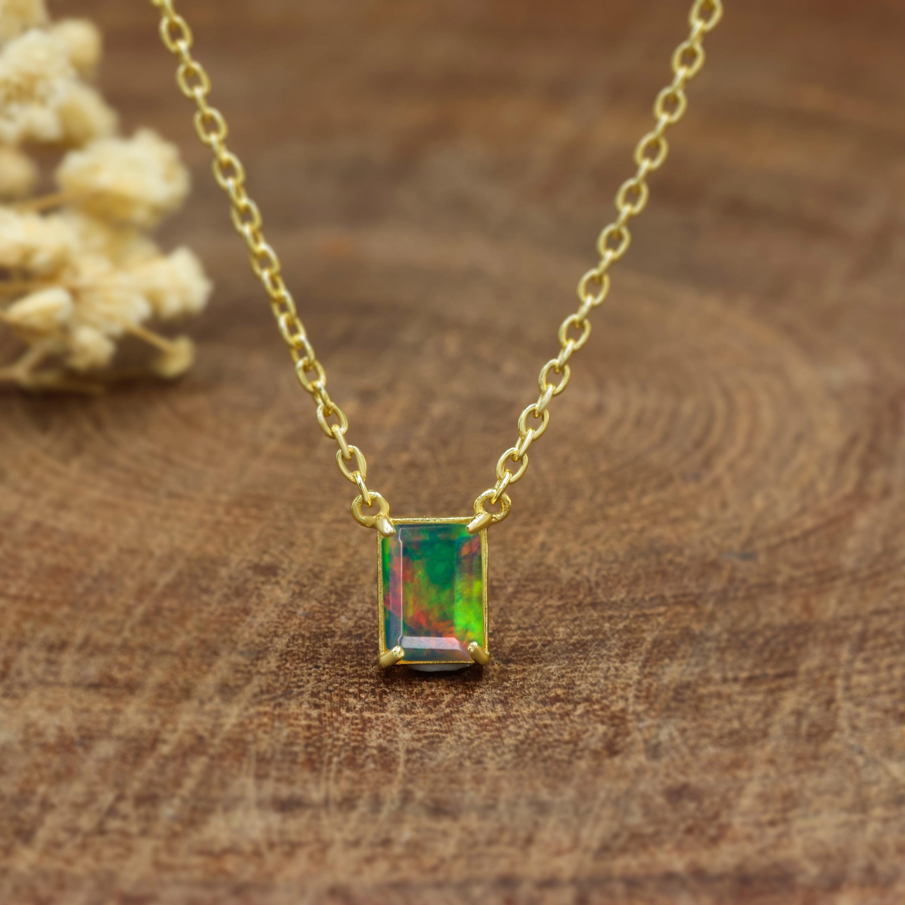 Collana con ciondolo in opale etiope fuoco nero per donna, collana con ciondolo in opale nero ottagonale, collana minimalista, collana con catena in o