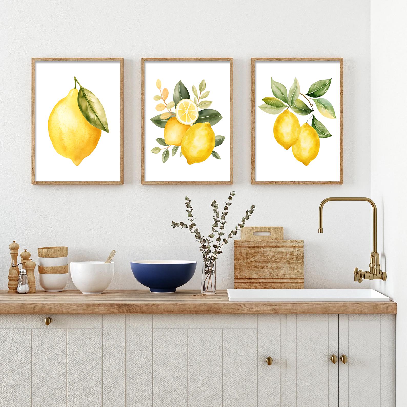 Acquerello di limoni - Set di 3 decorazioni murali per cucina con frutta e fattoria - Incorniciate, su tela o stampe artistiche WC