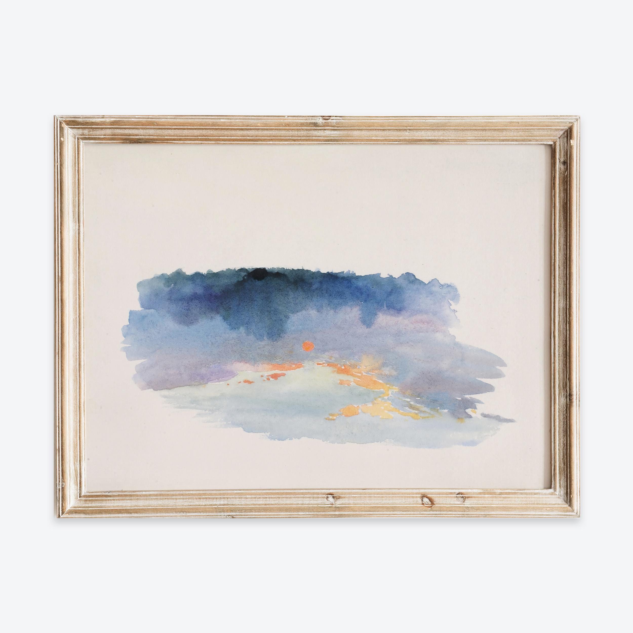 Stampa artistica da parete con tramonto sull'oceano costiero vintage europeo, alba rustica in acquerello con colori pastello sul mare, poster antico i