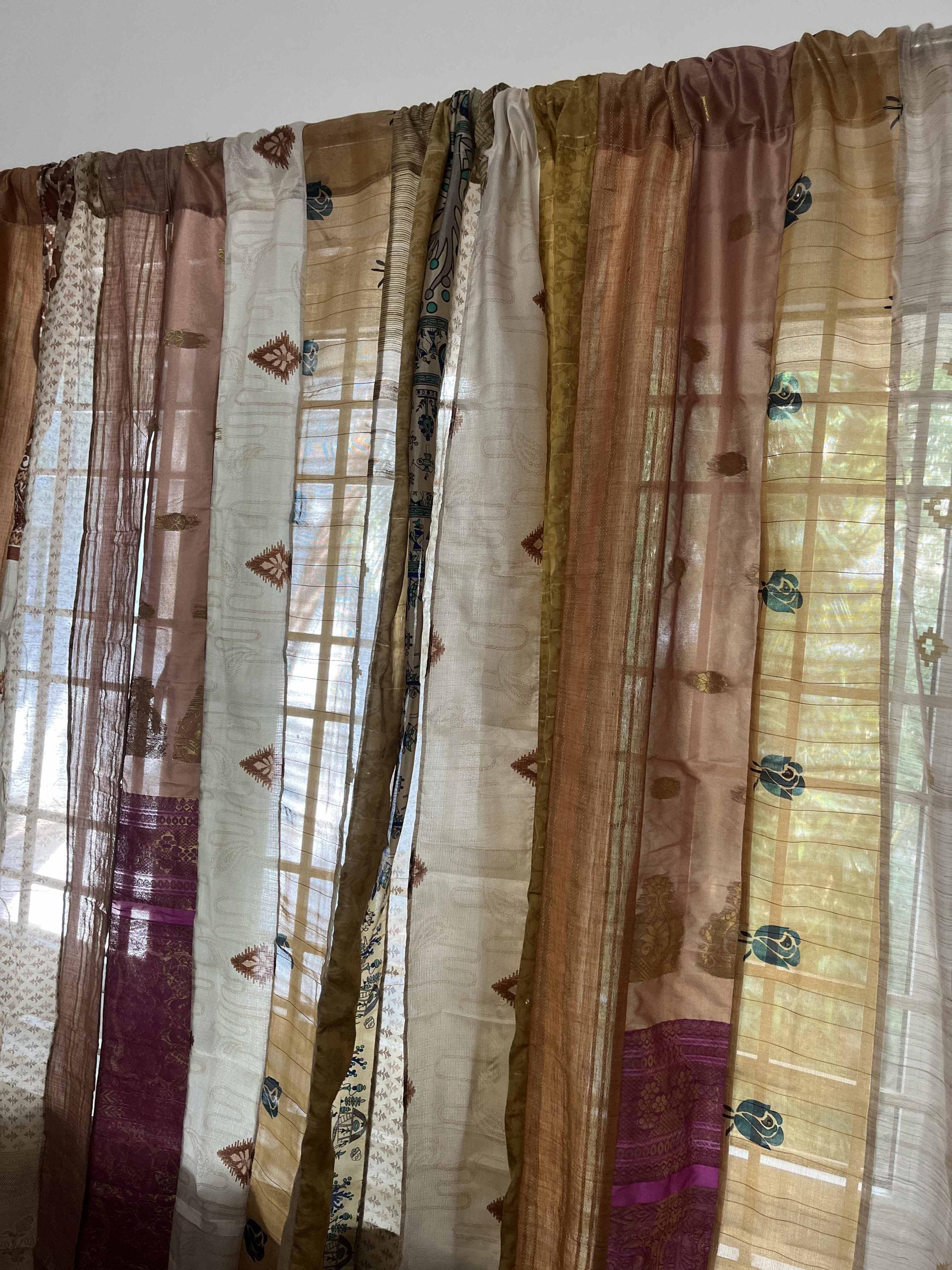 Tende sari beige, tende sari riciclate fatte a mano con strisce sari, tenda hippie trasparente color crema per finestre e porte, arredamento per la ca