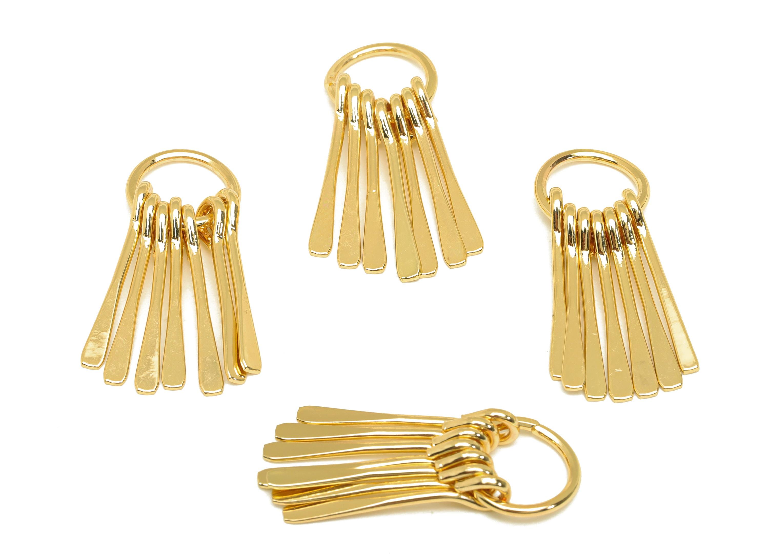 Ciondolo per orecchini con nappina in ottone - Ciondolo pendente con nappina in ottone - Ciondolo martellato - Placcato oro vero 18 carati - 31,48x11x