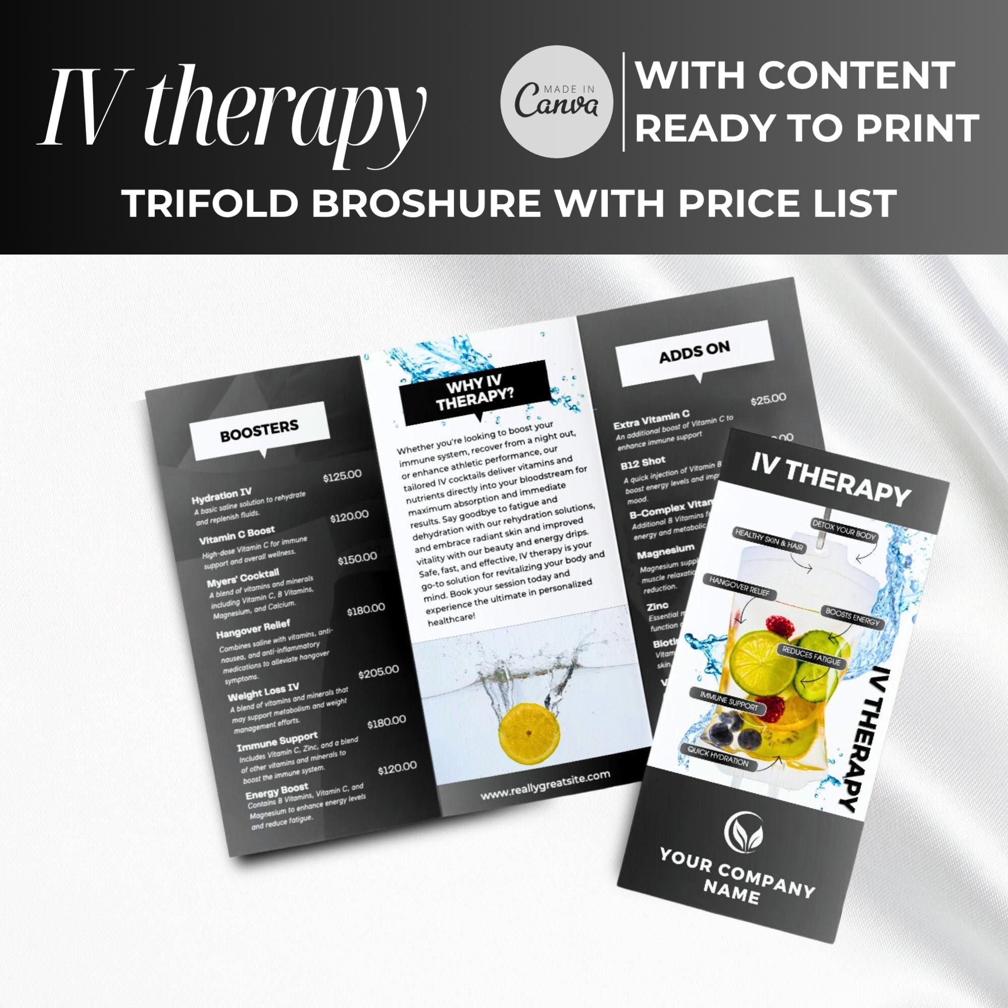 Modello di brochure a tre ante per terapia vitaminica endovenosa su Canva, volantini per terapia endovenosa, modello di brochure a tre ante per terapi