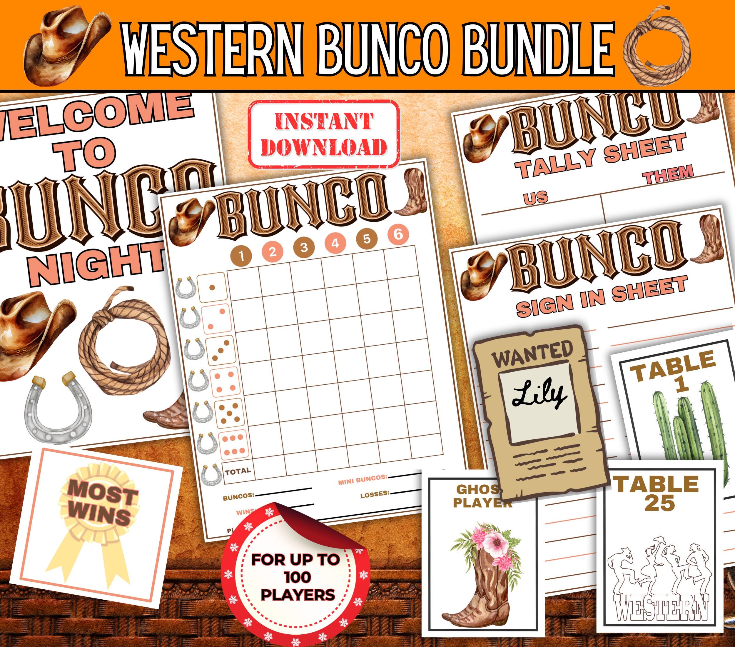 Gioco del Bunco Western, Festa del Bunco a tema Western, Fogli segnapunti del Bunco del Far West, Stampabile del Bunco Western, Gioco dei dadi del Far