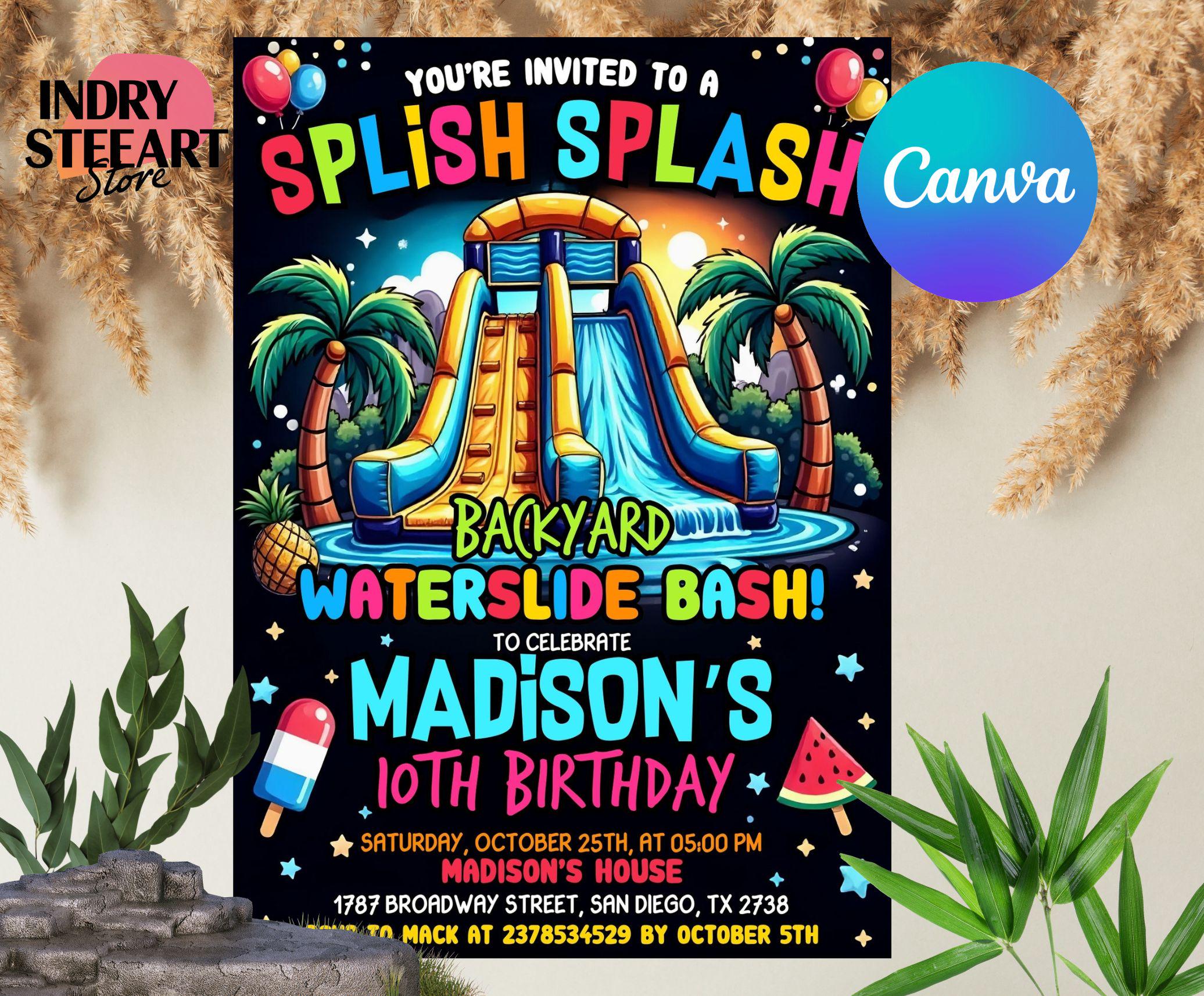 Invito di compleanno con scivolo d'acqua, festa con scivolo d'acqua, invito con scivolo d'acqua, festa estiva in piscina, invito per festa con scivolo