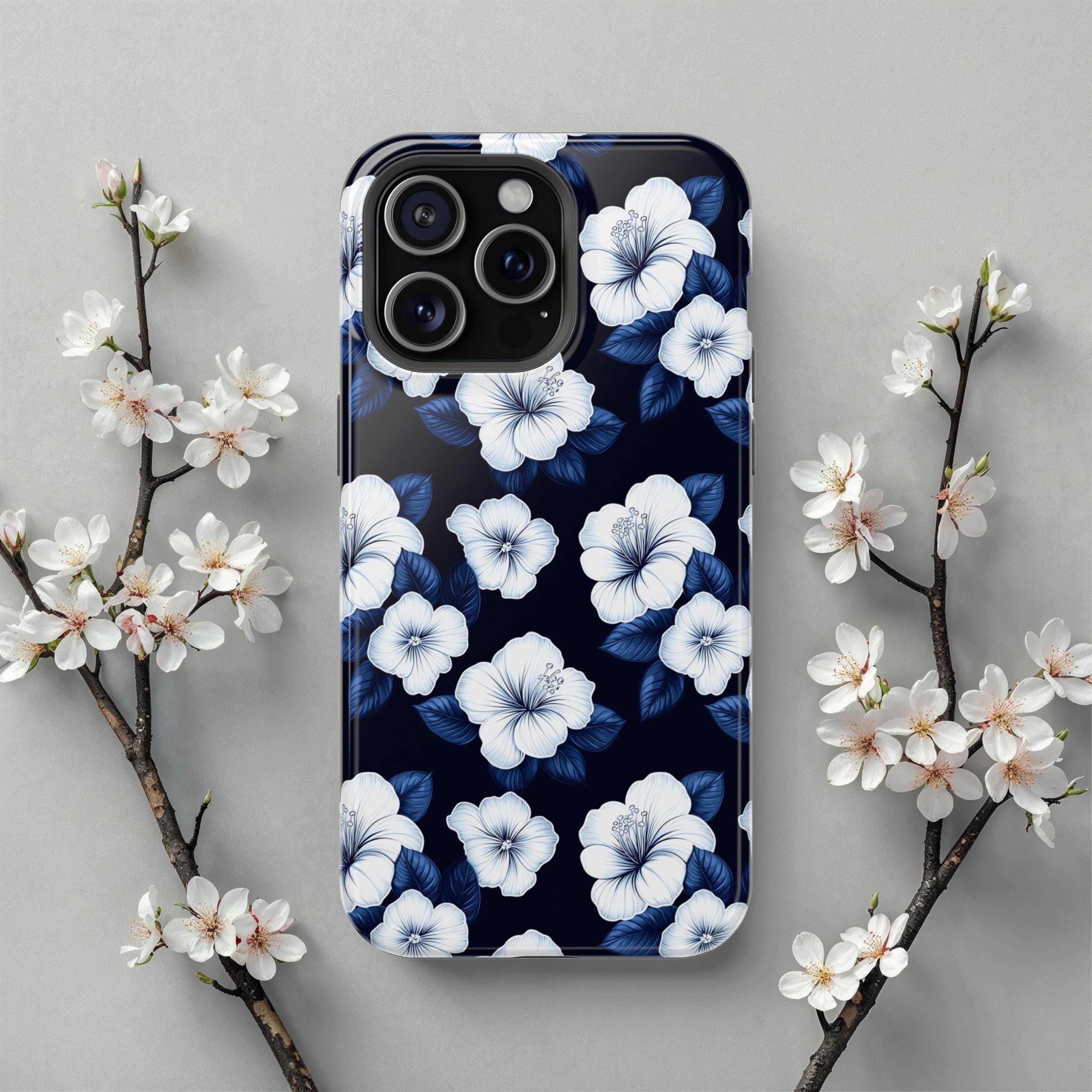 Custodia MagSafe per iPhone con motivo floreale blu navy, elegante custodia magnetica per telefono con motivo floreale di ibisco bianco, regalo botani