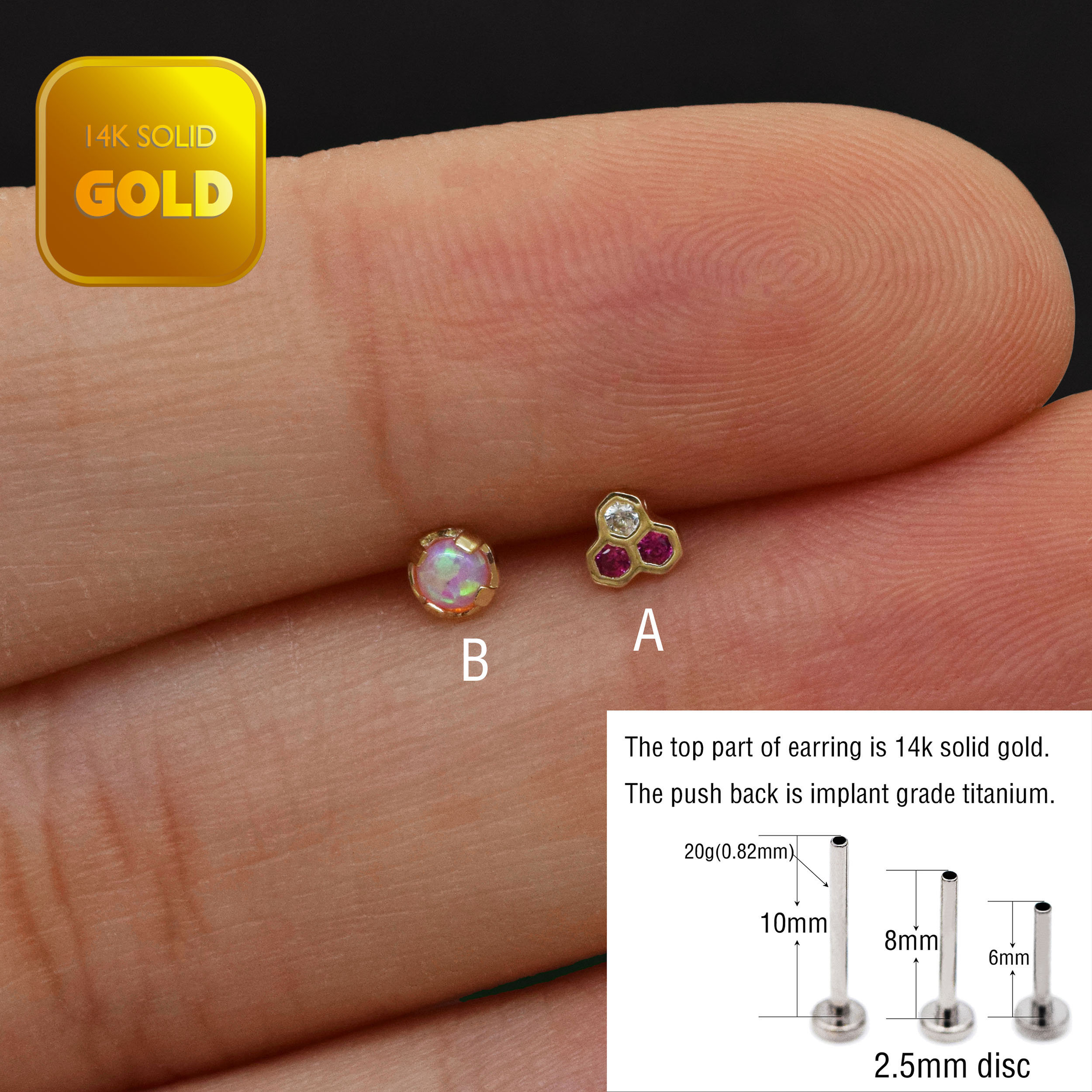 Orecchini a perno in oro massiccio 14 carati con opale e rubino, orecchini a perno a nido d'ape per cartilagine, piccoli orecchini a perno per elice,