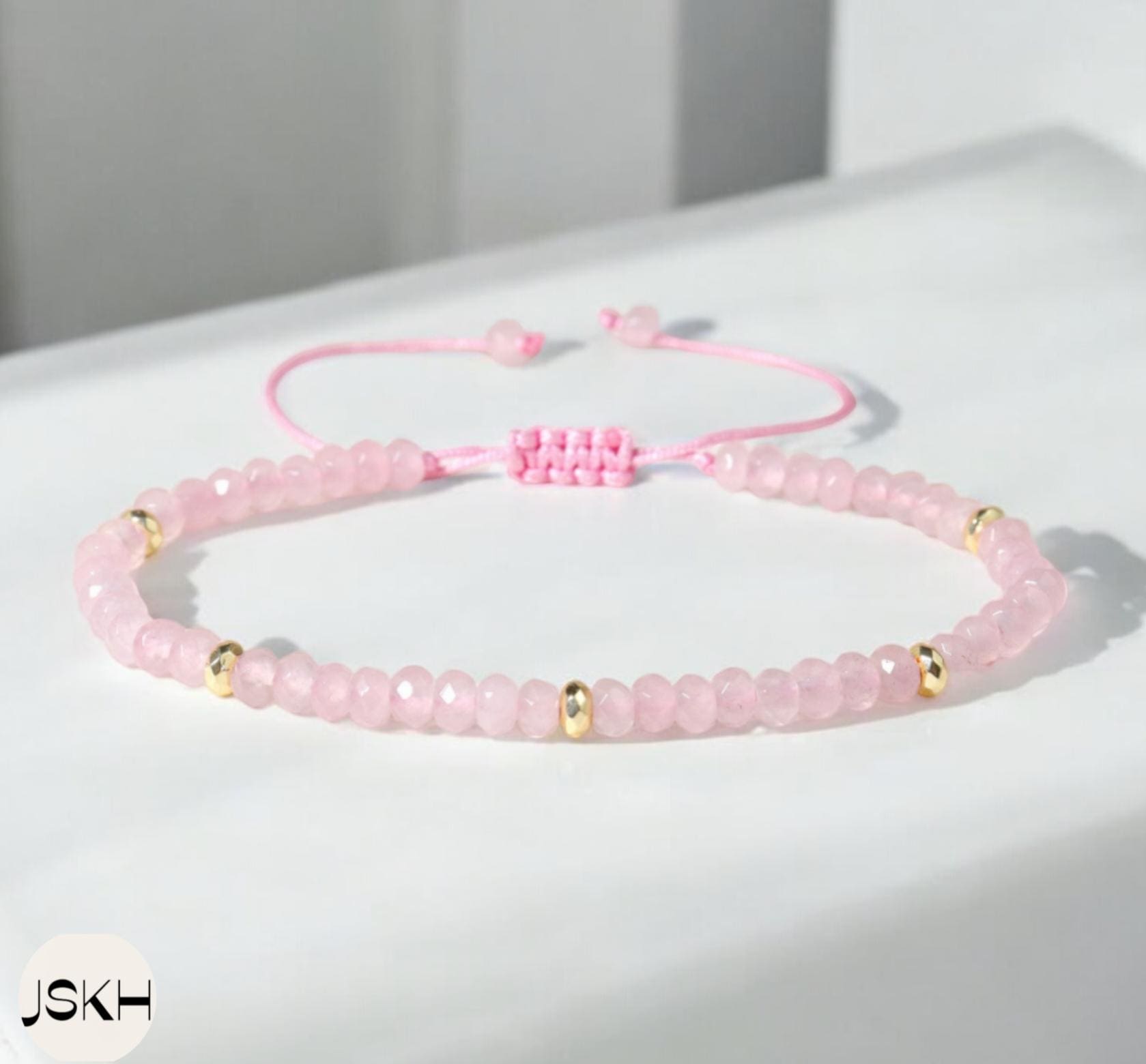 Bracciale minimalista in quarzo rosa naturale, bracciale con perline di quarzo rosa da 4 mm, bracciale con perline sottili, bracciale regolabile con c
