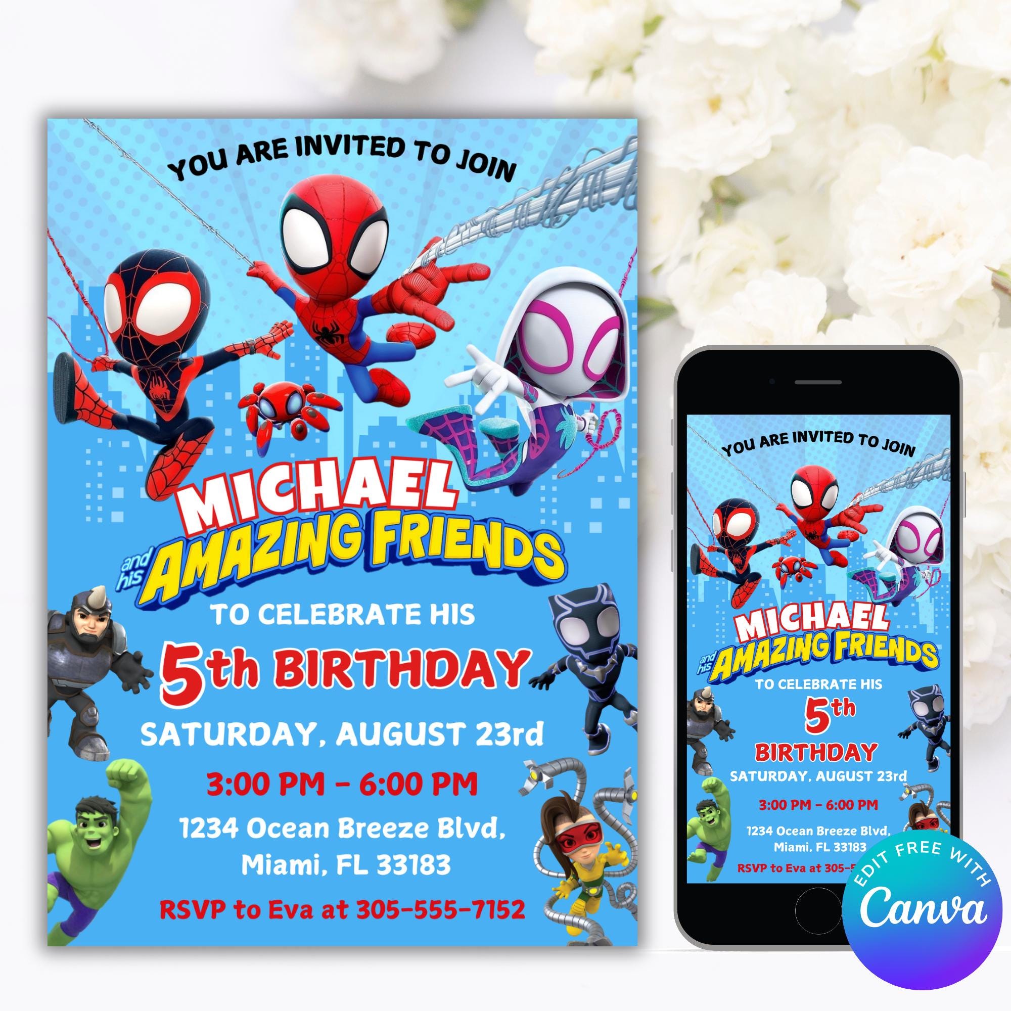 Invito di compleanno modificabile di Spidey, invito per festa di Spidey, invito di Spidey e i suoi amici, invito di compleanno di Spidey e fantastici
