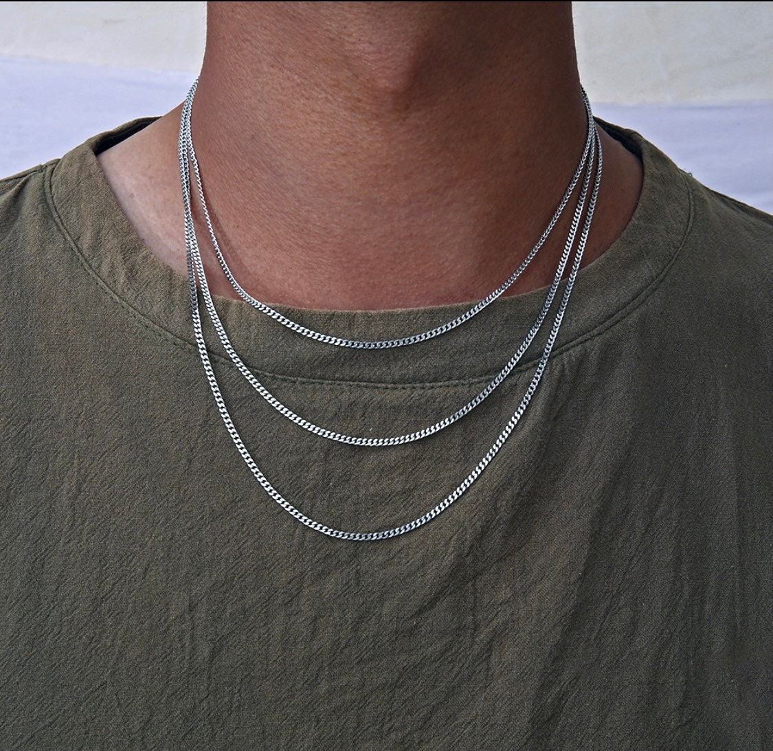 Collana con catena in argento da 2 mm, catena cubana da uomo, catena sottile in argento per uomo, acciaio inossidabile - Collana con iniziale da uomo
