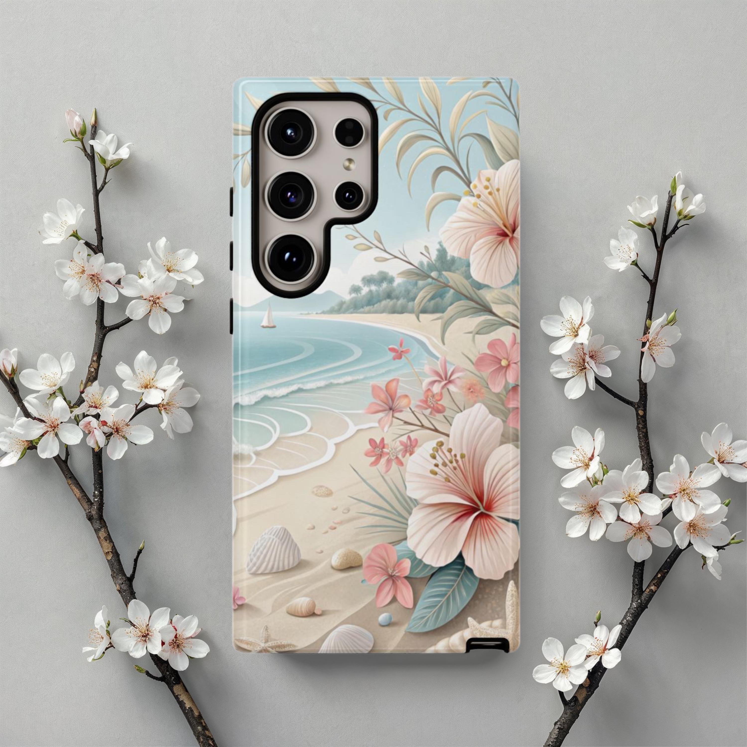 Custodia resistente per iPhone con motivo floreale tropicale da spiaggia, cover per telefono con ibisco costiero e onde dell'oceano per iPhone, Galaxy