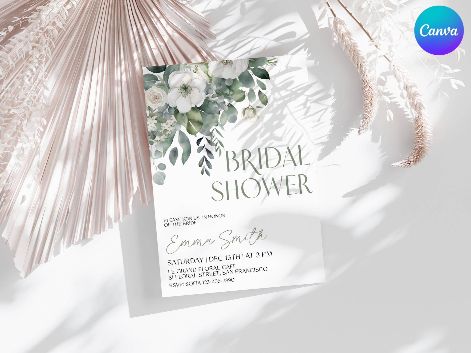 Invito per addio al nubilato con eucalipto, invito per addio al nubilato con verde, invito per addio al nubilato con fiori bianchi, modello per invito