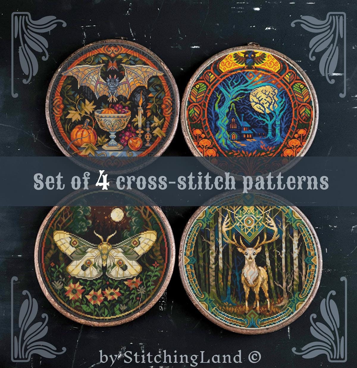 Set di 4 schemi per punto croce, punto croce Strega, punto croce Halloween, punto croce Pipistrello, punto croce Falena, punto croce Occulto