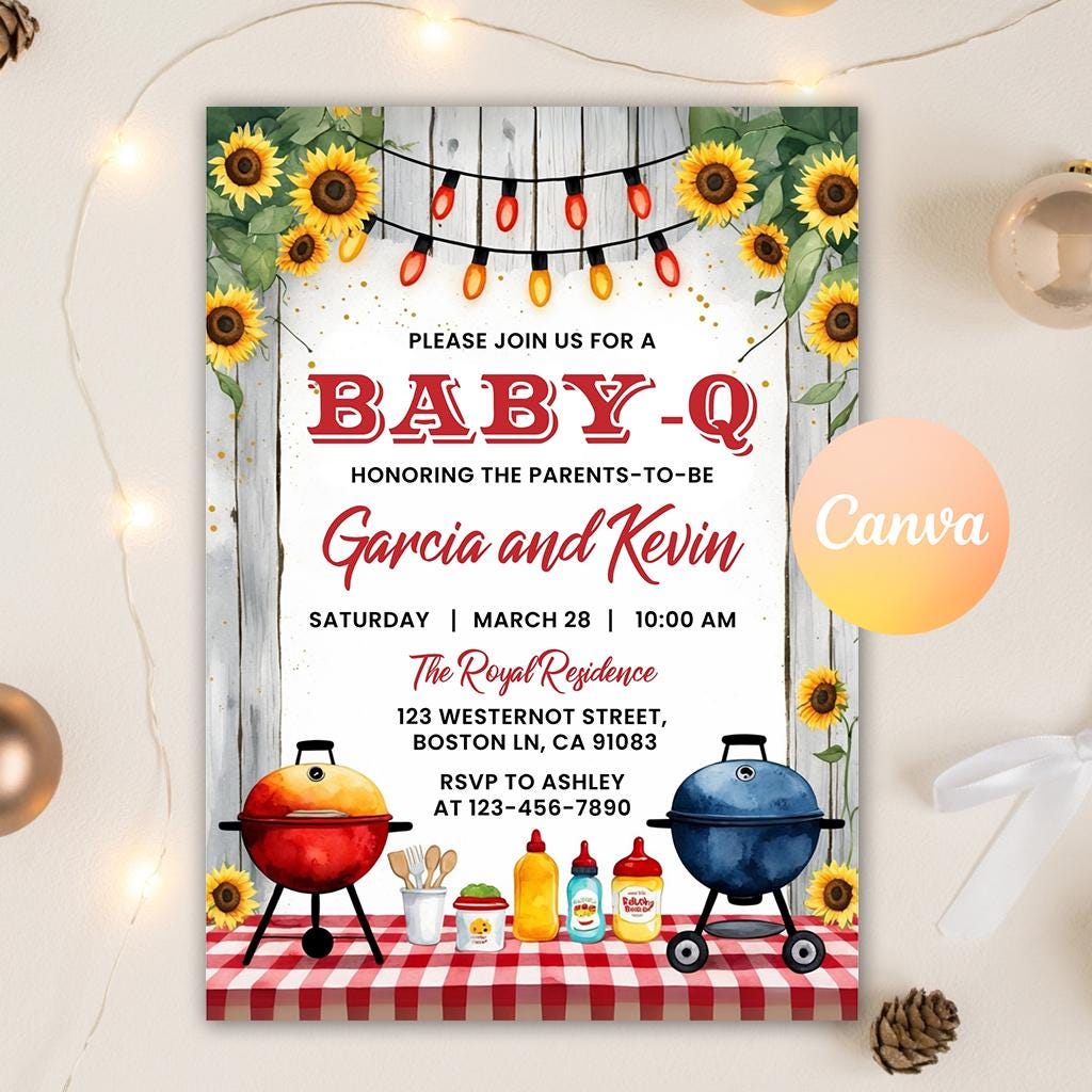 Invito per baby shower con barbecue, invito per baby shower in giardino, invito per baby shower Baby-q, invito stampabile gender neutral, modello digi