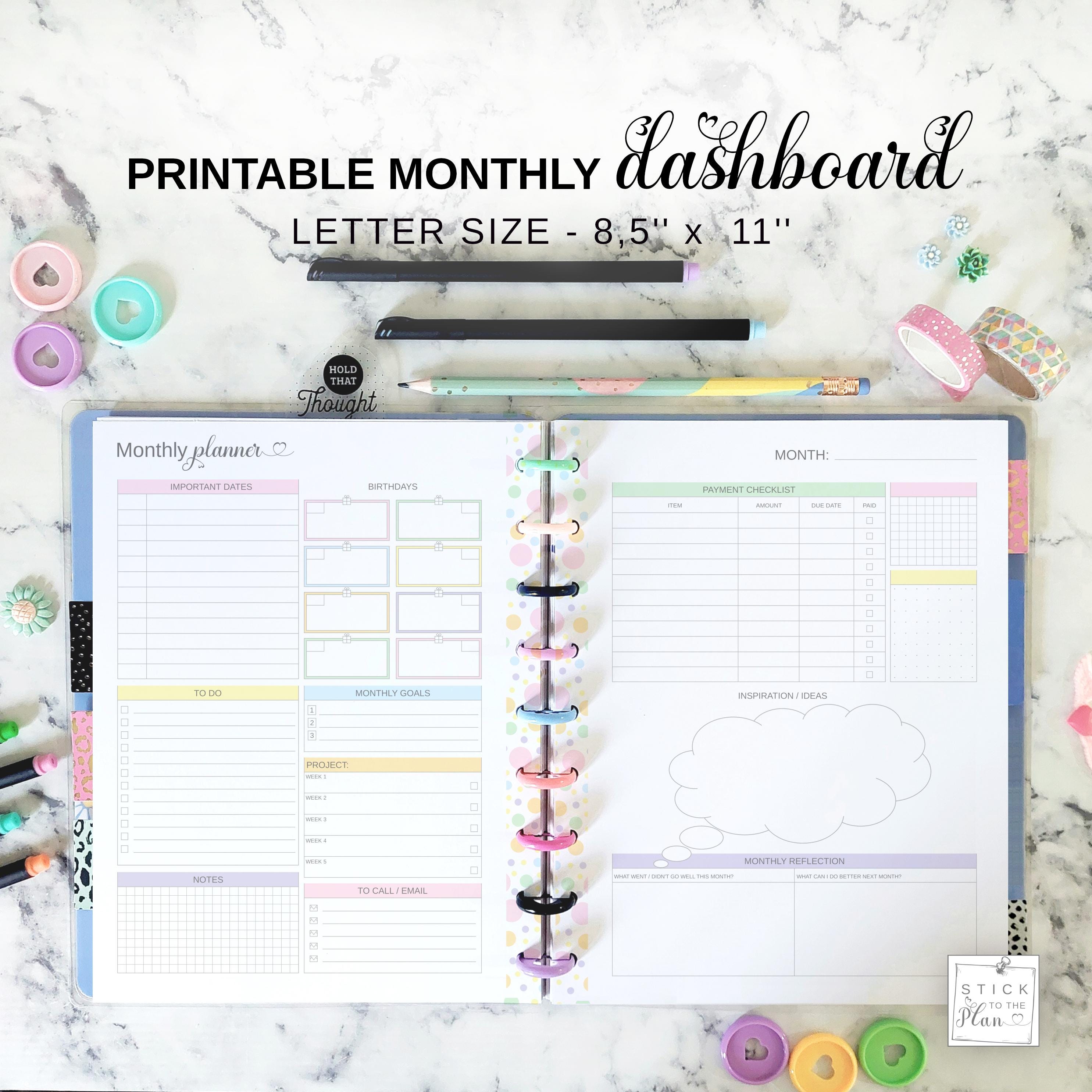 Planner mensile stampabile con inserto da 11 dischi Fit Big Happy Planner, formato lettera, mese non datato su 2 pagine, rilegato a disco, mese a colp