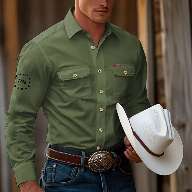 Men's 1776 Work Shirt Western Shirt Cargo Shirt Long Sleeve Tactical Vintage Retro Sports Outdoor WorkWear Spring Fall Turndown Front Two Pockets Button Up Shirts Black White Army Green Blue Khaki - lightinthebox.com