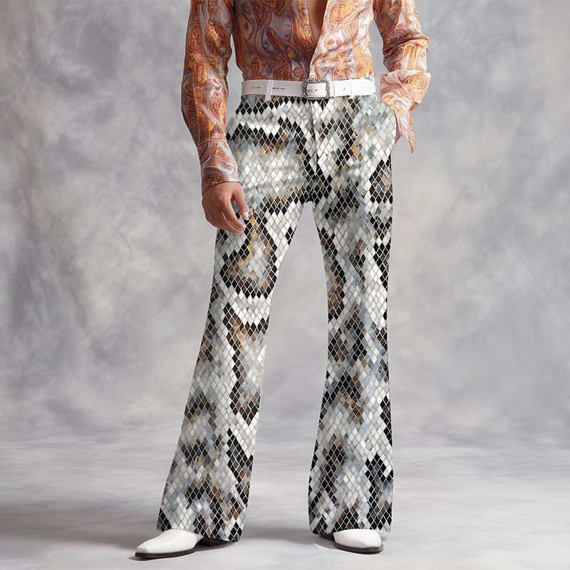 Men's Snake Skin Pattern Disco Pants 60s 70s Bell Bottoms Mid Waist Vintage Retro Outdoor Vacation Party Side Pockets Flared Leg Pants Trousers Spring Fall 3D Print Black White Gold