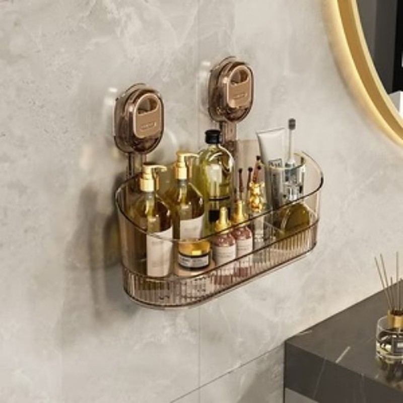 Suction Cup Storage Rack with Drain Hole Wall Mounted Organizer for Home Bathroom Durable Suction Cup Holder Large Capacity Vanity Shelf Storage Rack for Toiletries Essentials