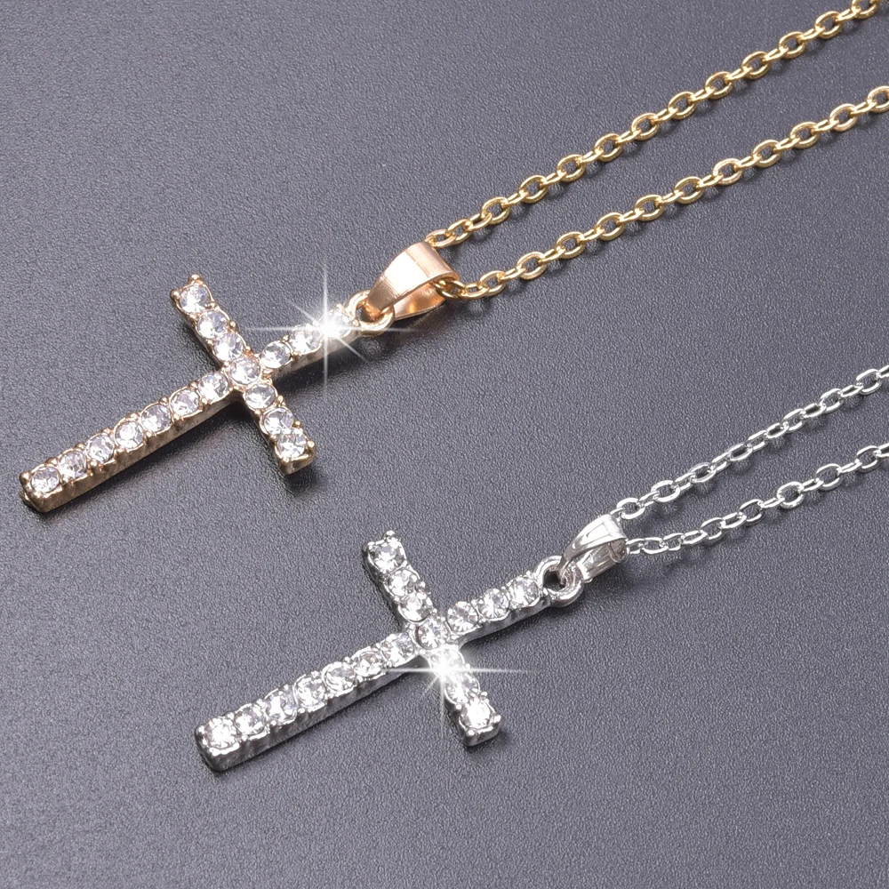 Collier pour femmes, chaîne de bijoux, croix de mode avec pendentif en strass, anneau d