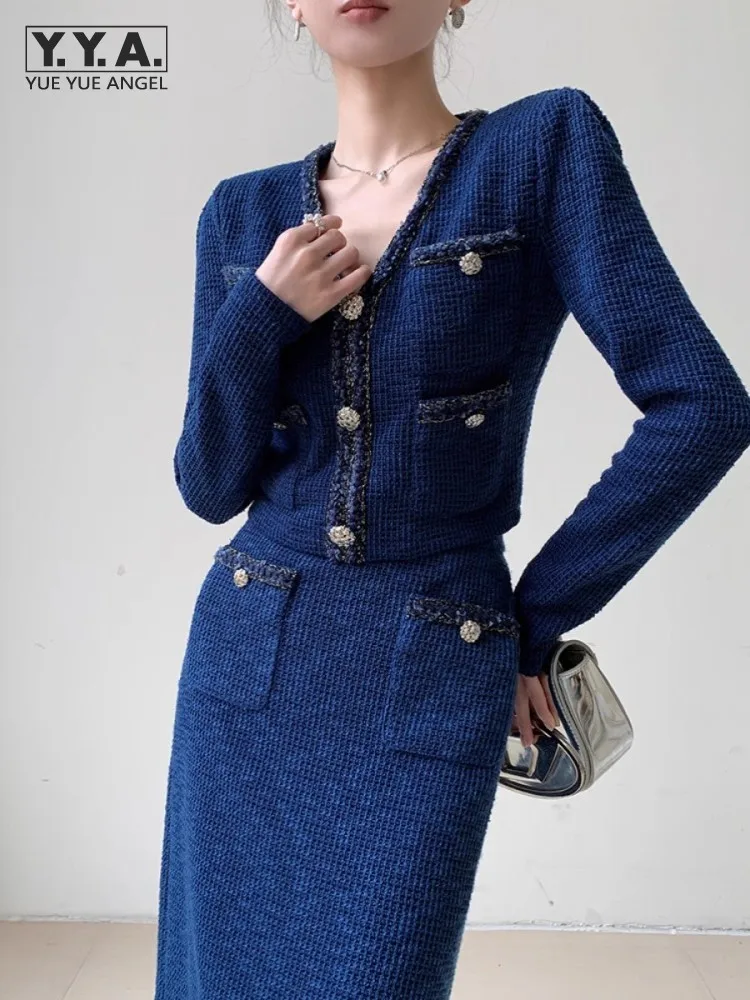 Büro Dame Elegante V-ausschnitt Gestrickte Top Hohe Taille Split Langen Rock Zwei Stück Set Frauen Mode Frühling Herbst Passenden Sets Image