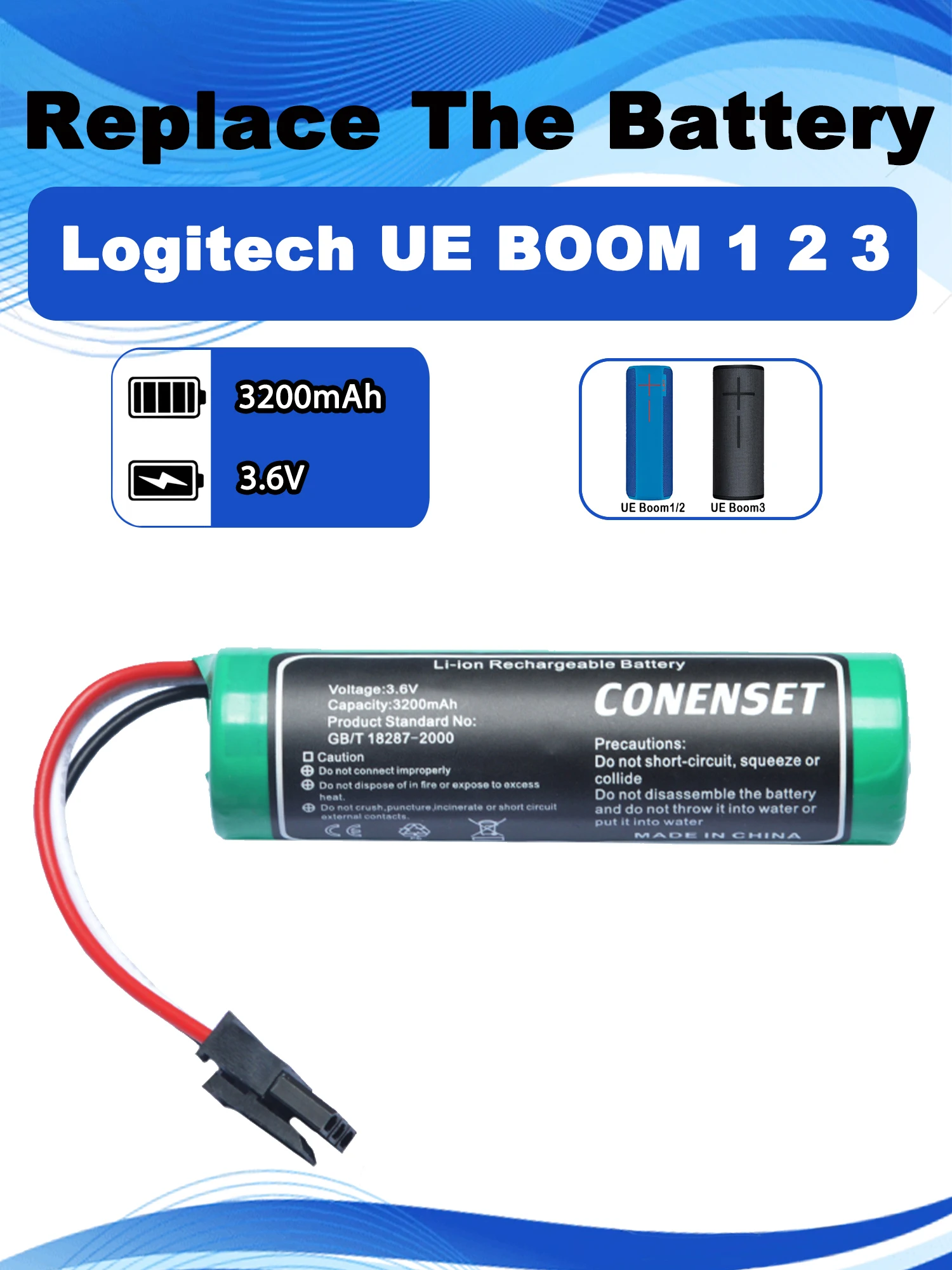 3,6 V 3200 mAh Ersatzakku für Logitech UE BOOM 1 2 3 Bluetooth-Lautsprecherteile Ultimatives Zubehör Image