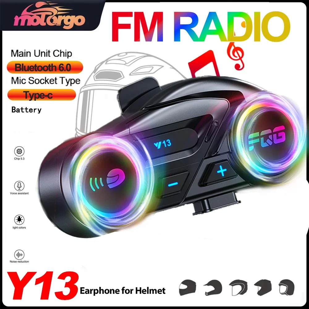 Y13 Bluetooth 6.0 Motorradhelm-Headset, FM-Radio, Freisprechanruf, RGB, wasserdicht, mit 72 Stunden langem Standby- und Sprachassistent Image