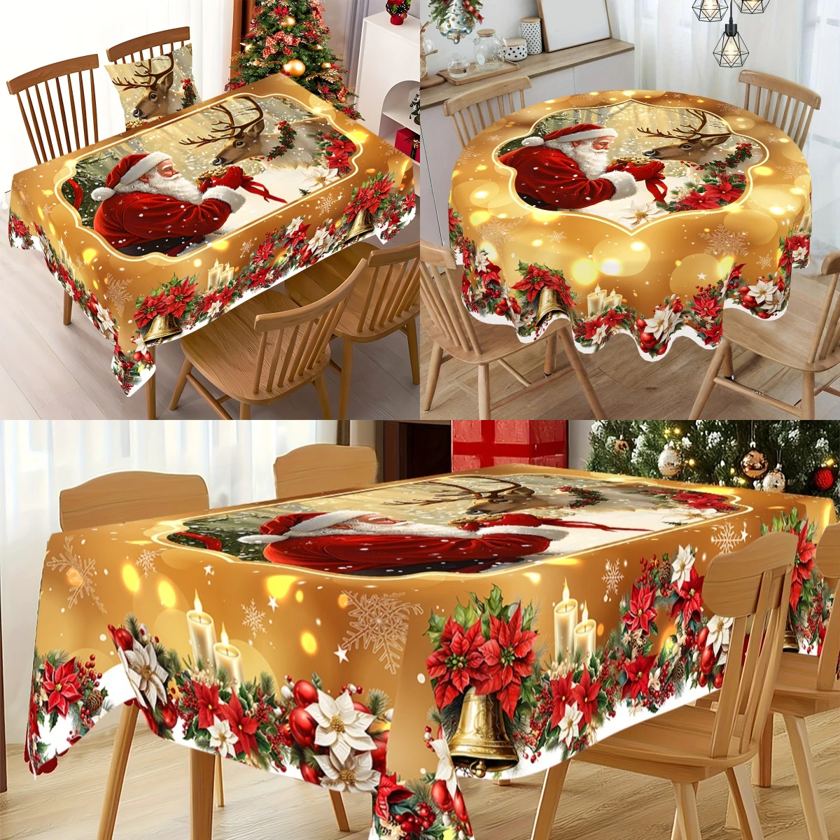 Goldene Weihnachtstischdecke, Weihnachtsmann, Elch, Weihnachtsfeier, Tischdekoration für Zuhause, 2025, Navidad Notal Noel, Weihnachtsschmuck Image