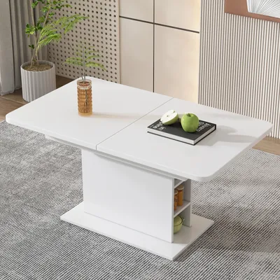 Comanlai Extendable Dining Table, Rectangular Iron Coffee Table, with Storage Space, for Living Room and Dining Room, White