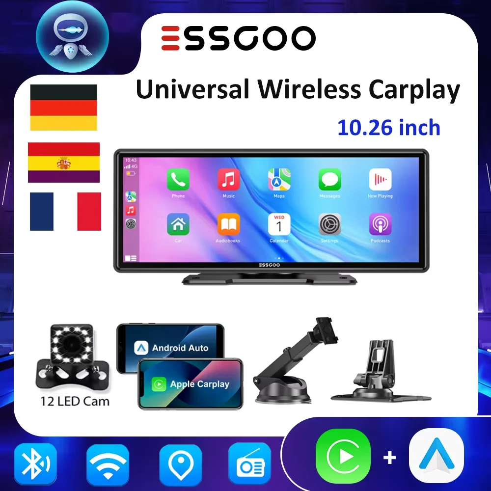 ESSGOO Lettore MP5 Carplay wireless portatile da 10,26 pollici BT Touch Srceen Android Auto Autoradio per Apple Android Video