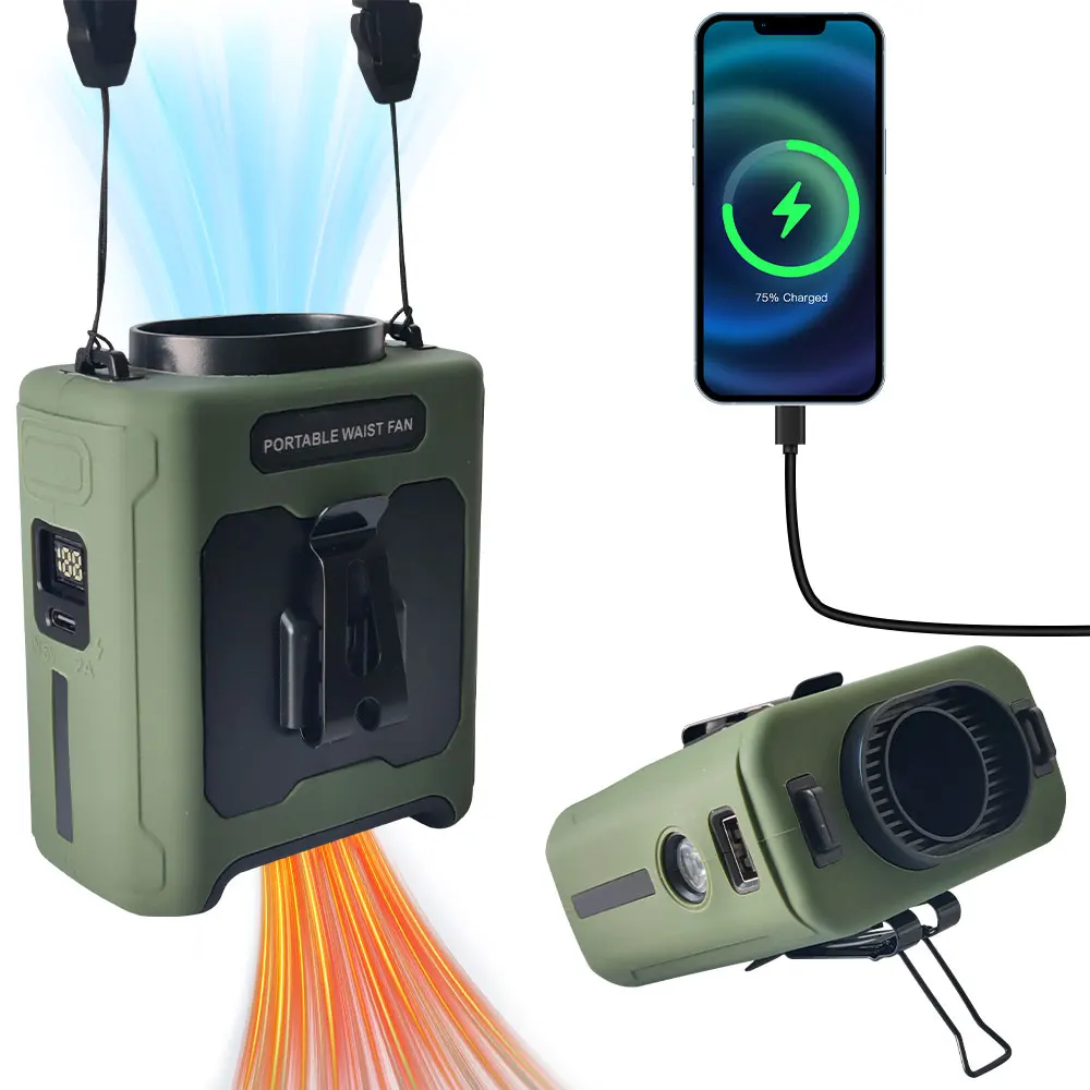 10000 mAh Taillenventilator, tragbarer Handventilator zum Aufhängen am Hals, ultrastarker Wind mit LED-Licht zum Aufladen des Telefons für Arbeiten im Freien Image