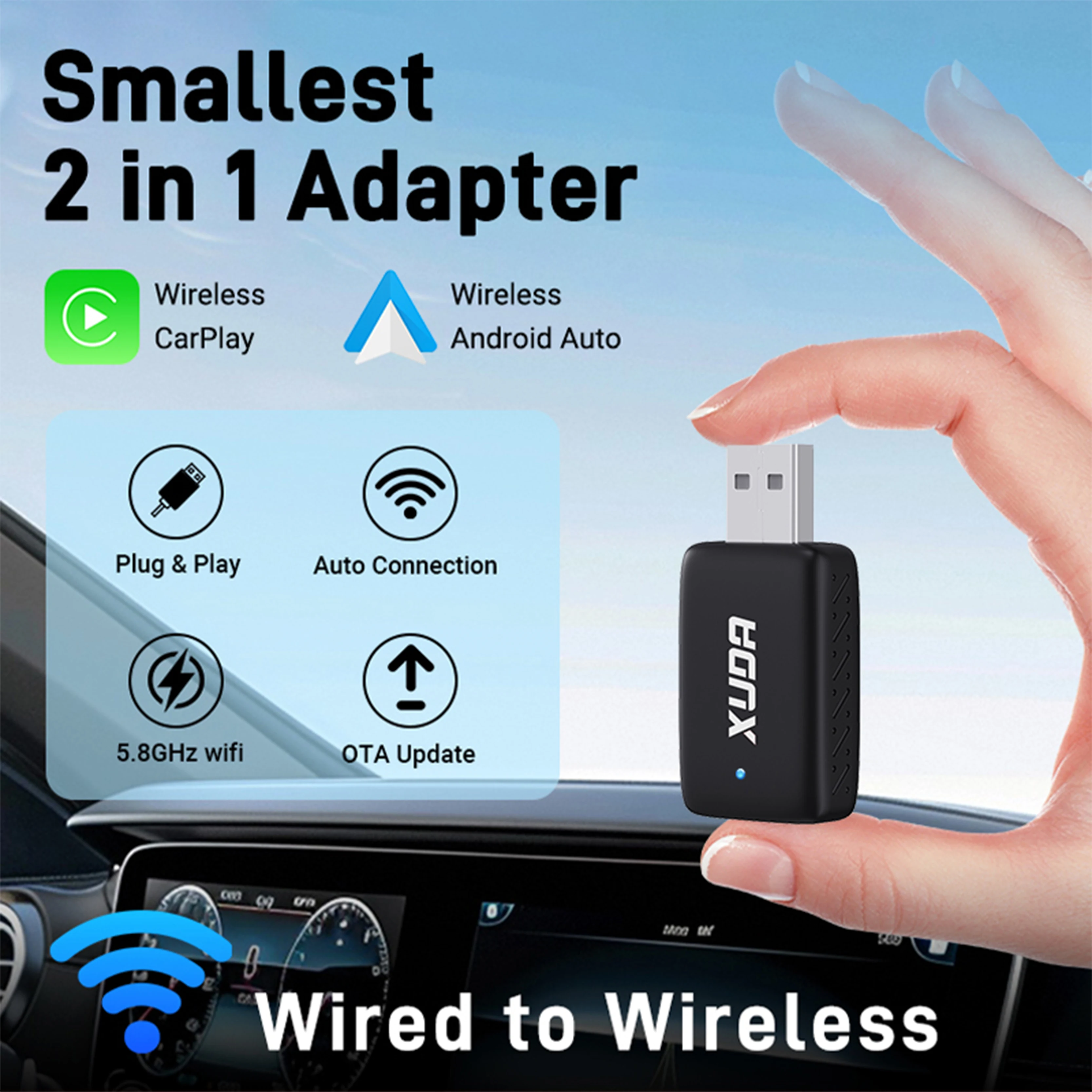 Der neue kabellose CarPlay- und Android Auto 2-in-1-Adapter XUDA NEW Mini ist für 99 % der Originalautos mit kabelgebundenem Carplay/Auto geeignet Image