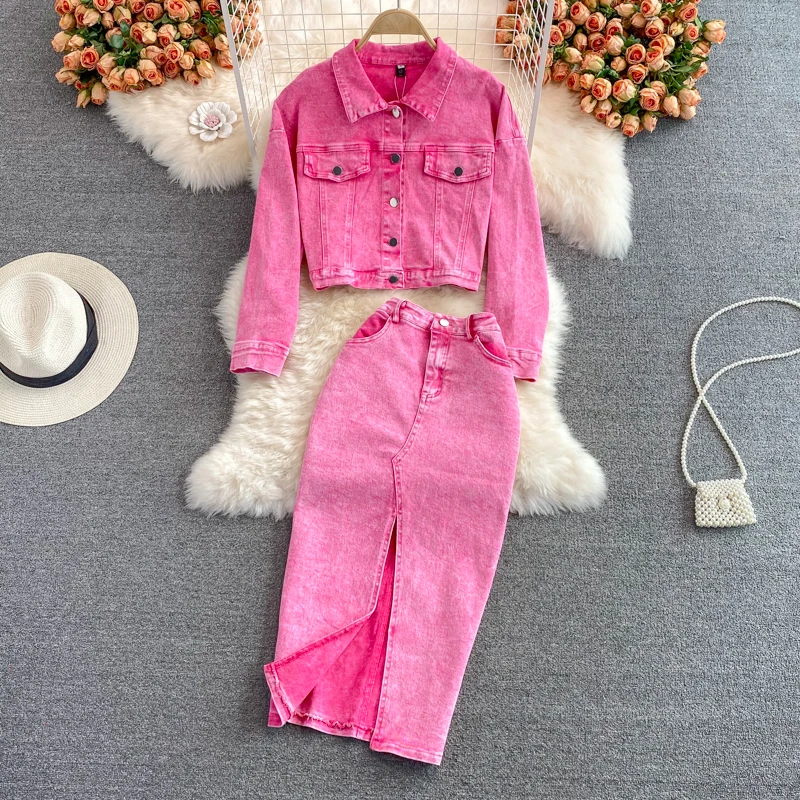 Denim 2-teilige Sets Jacke Rock Damen Anzug Lange Röcke Oberbekleidung Outfits Einreiher Taschen Gewaschener Mantel Ensemble 2025 Image