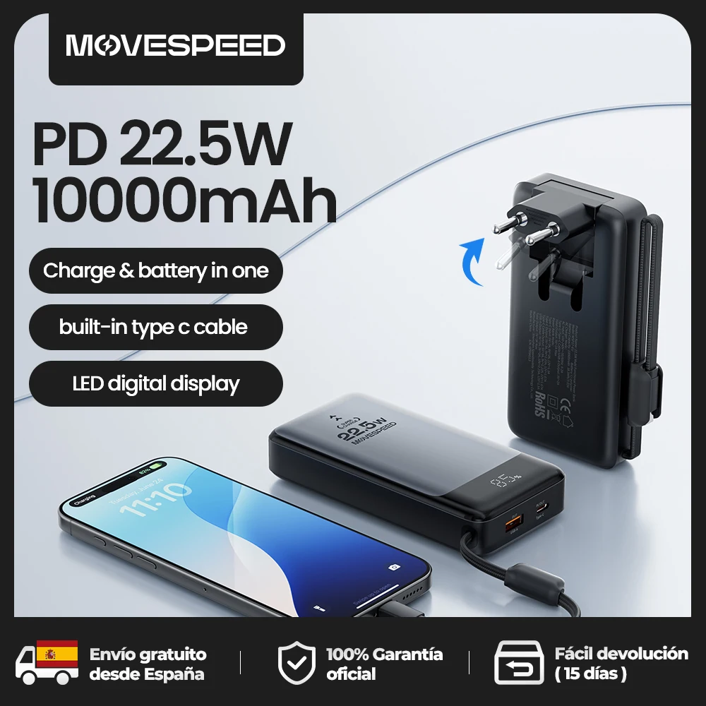 MOVESPEED MSP17 Power Bank 10000 mAh 22,5 W Tragbares Schnellladegerät und Akku in einer Powerbank mit klappbarem EU-Stecker für Smartphone Image