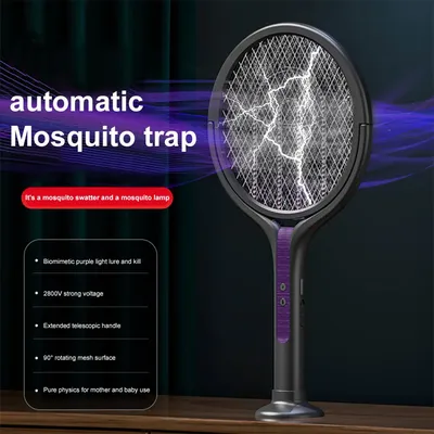 2 in 1 Retractable Mosquito Killer Swatter Racket Electric Fly Trap Bug Lamp Bat for Home House Zapper Insect Extendable Handle
